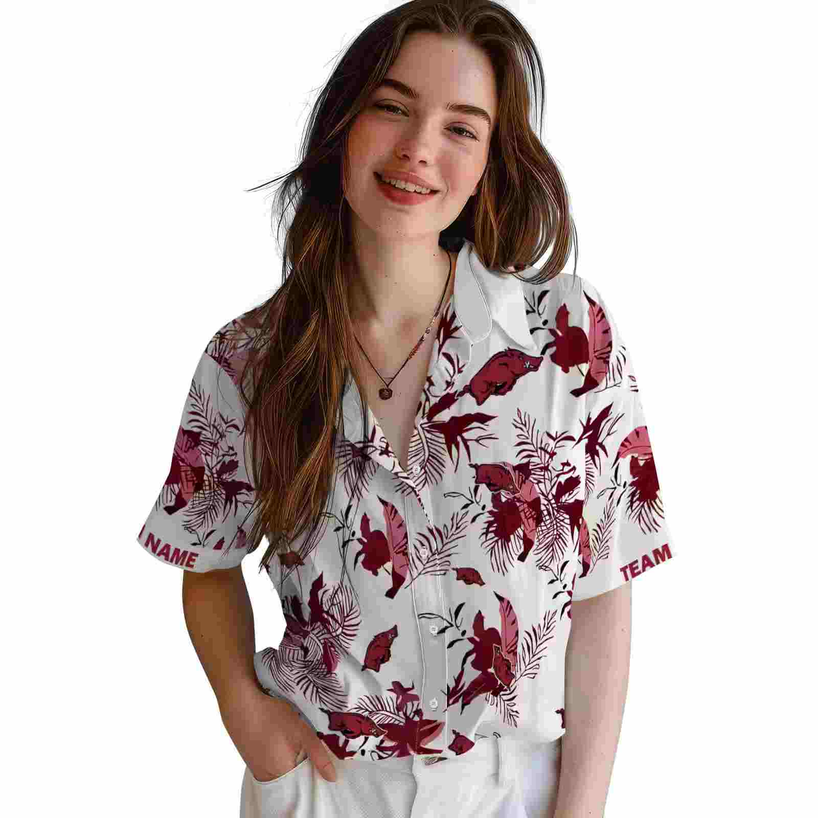 custom arkansas razorbacks botanical theme red white hawaiian shirt latest model