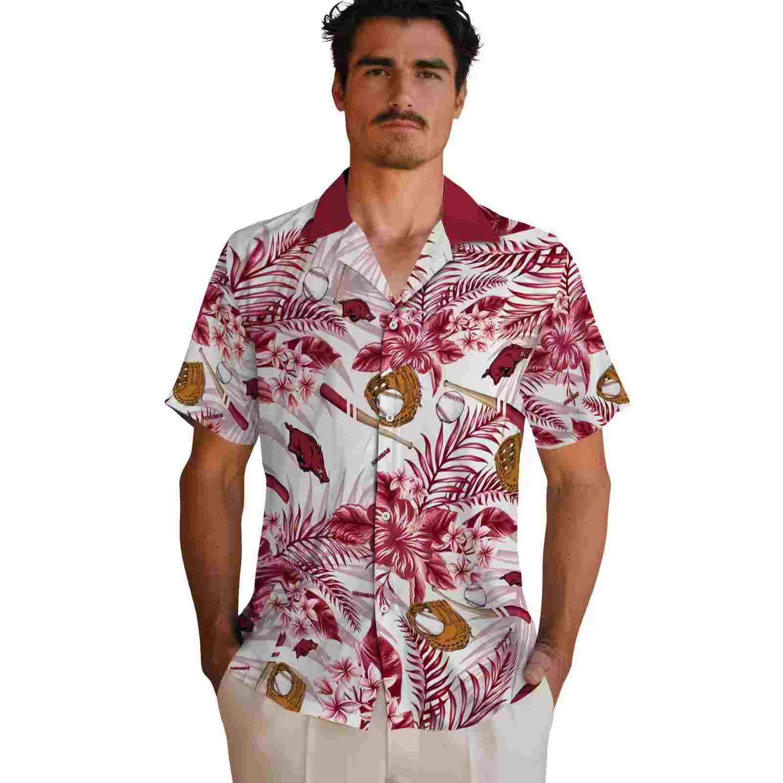 custom arkansas razorbacks floral baseball red white hawaiian shirt fashion forward