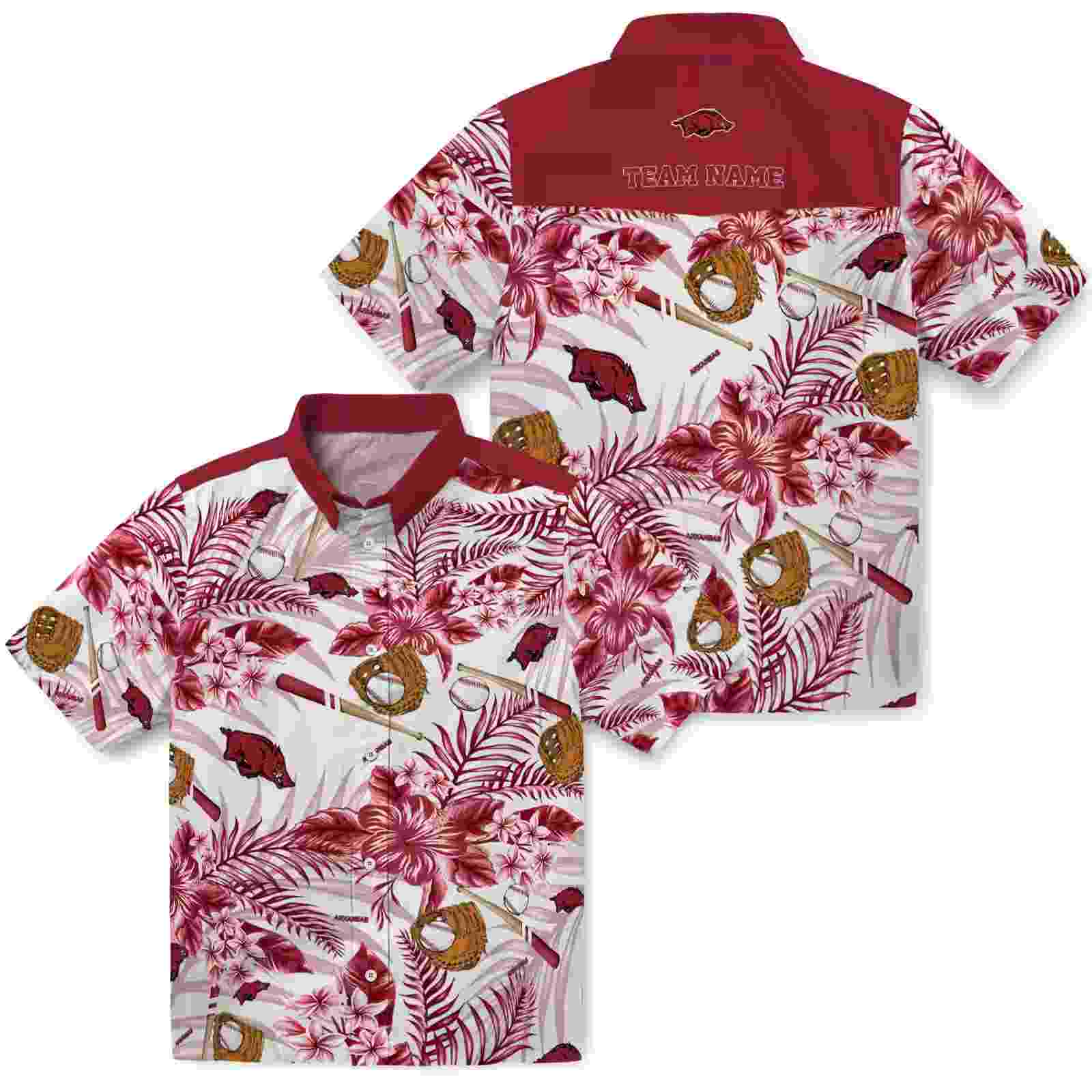 custom arkansas razorbacks floral baseball red white hawaiian shirt high quality