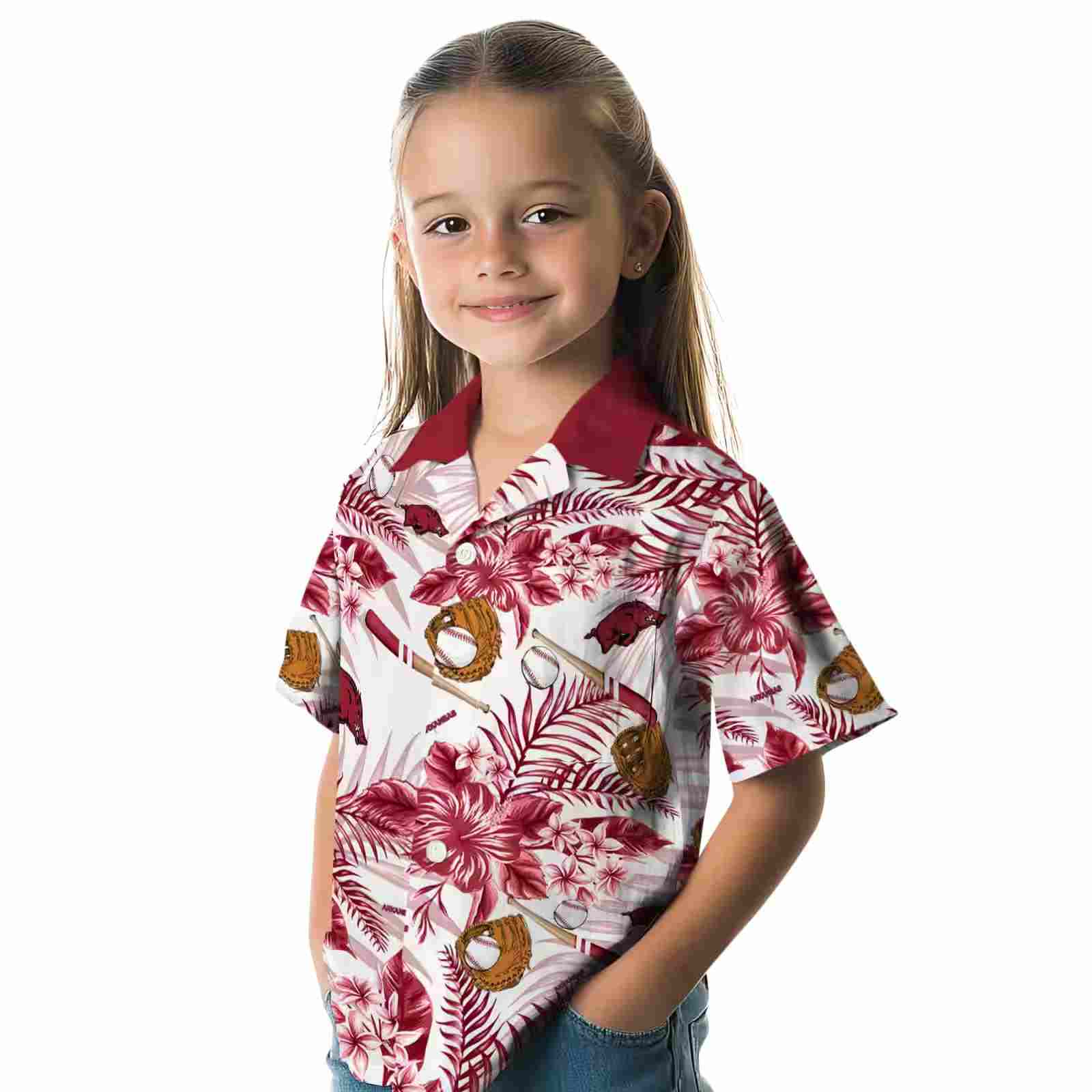 custom arkansas razorbacks floral baseball red white hawaiian shirt premium grade