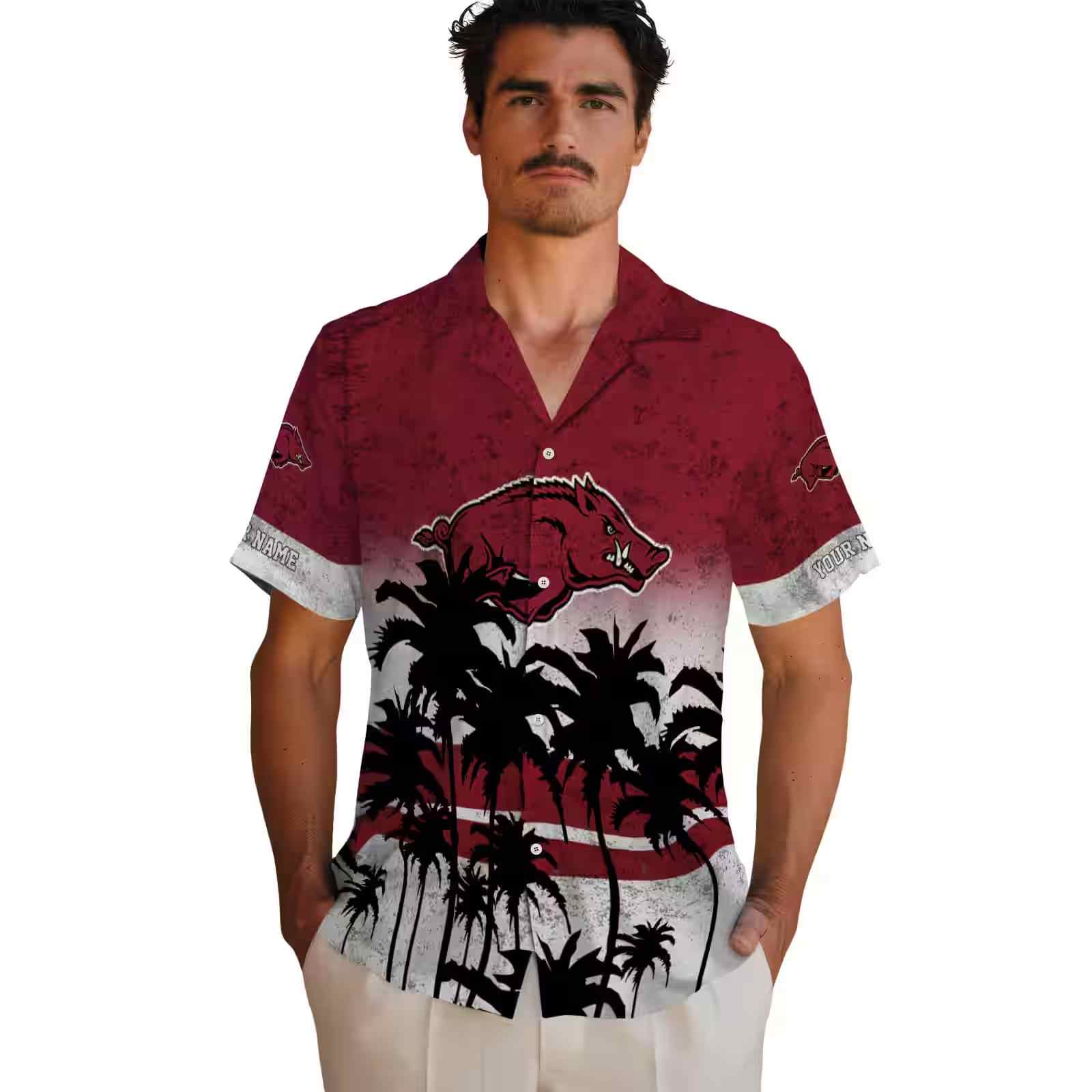 custom arkansas razorbacks sunset pattern red black hawaiian shirt fashion forward