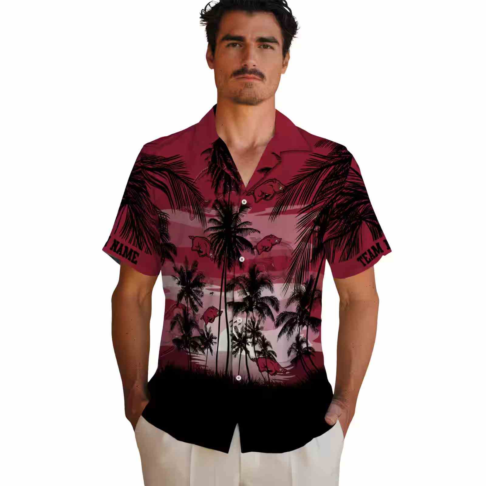 custom arkansas razorbacks sunset scene red black hawaiian shirt fashion forward