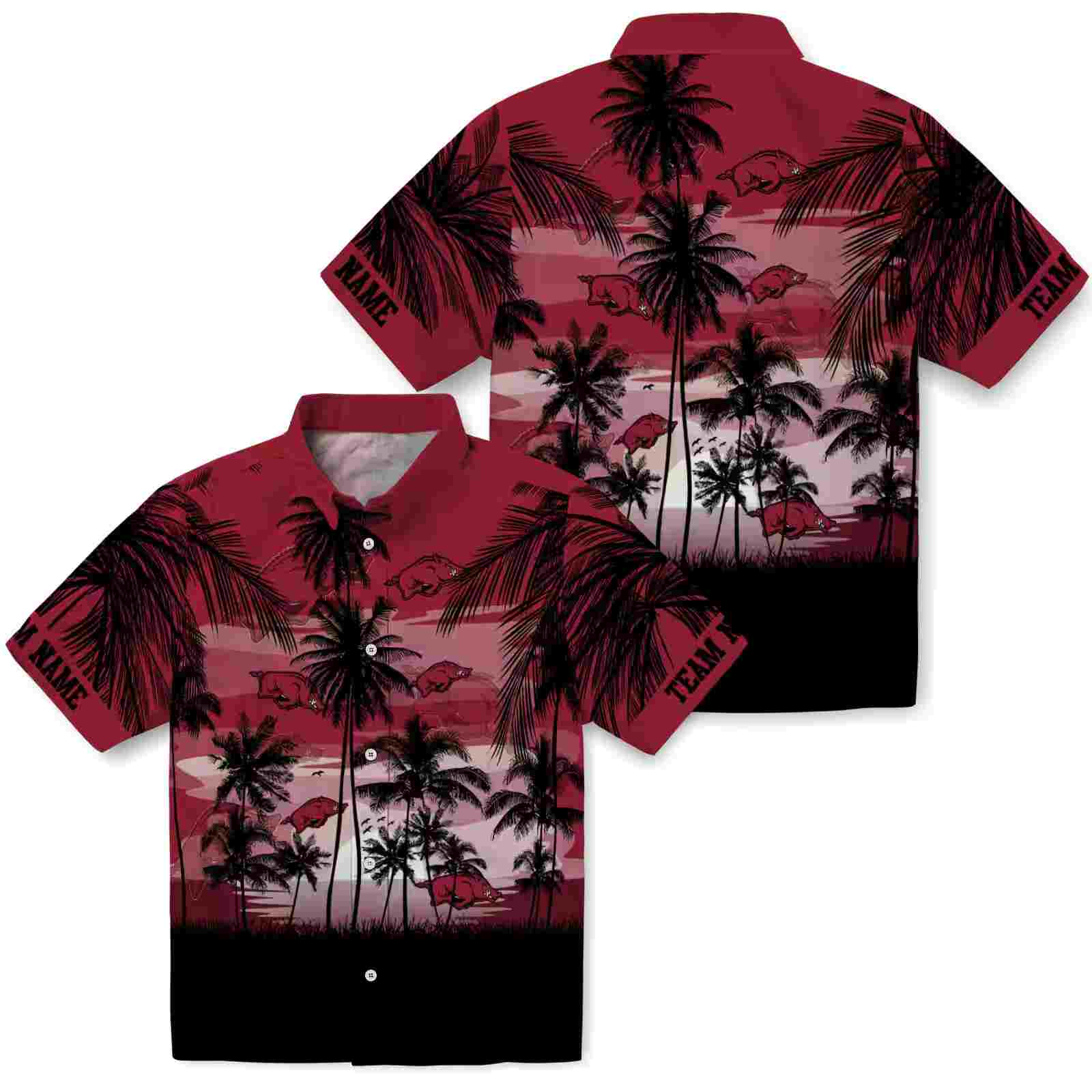 custom arkansas razorbacks sunset scene red black hawaiian shirt high quality