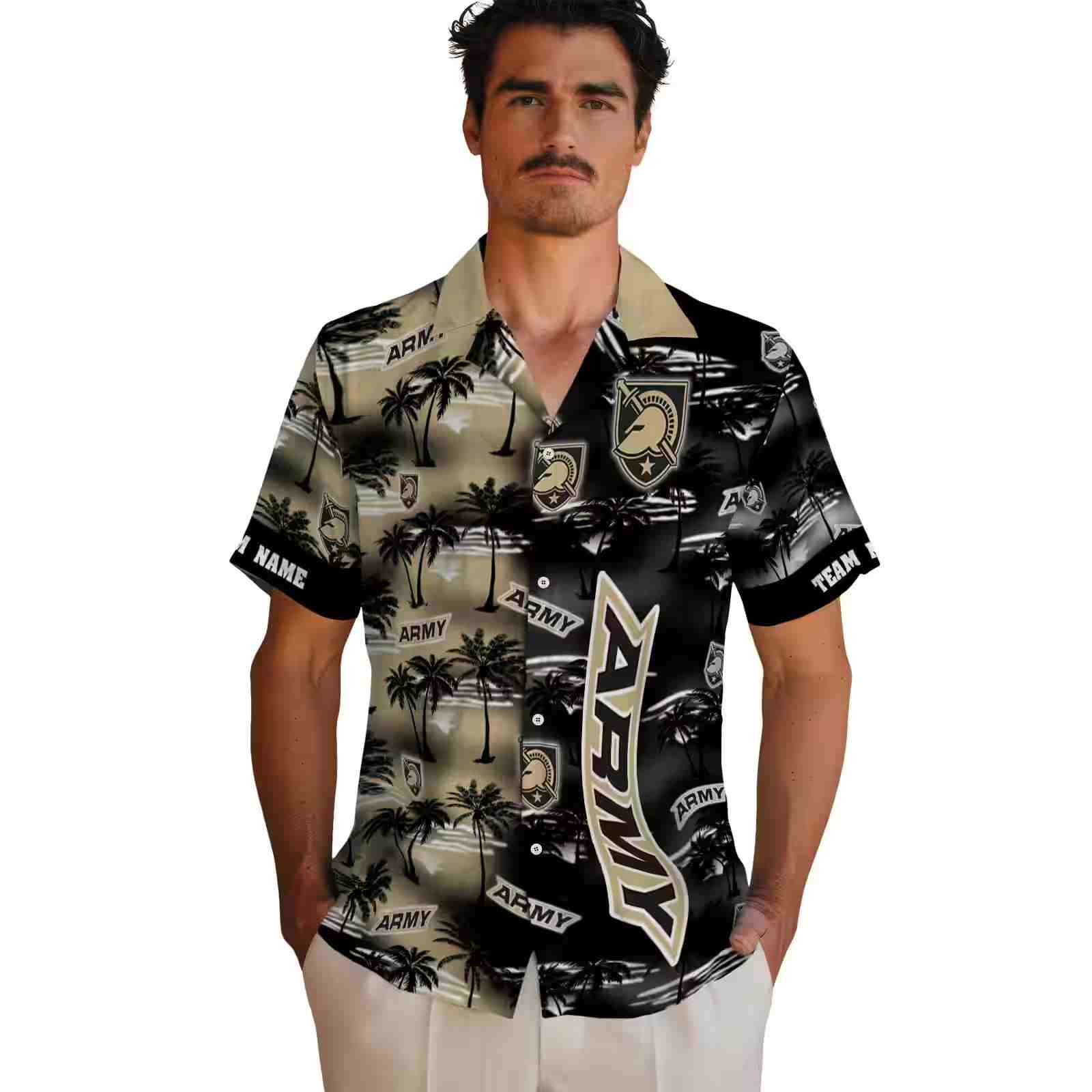 custom army black knights palm silhouettes gold hawaiian shirt fashion forward