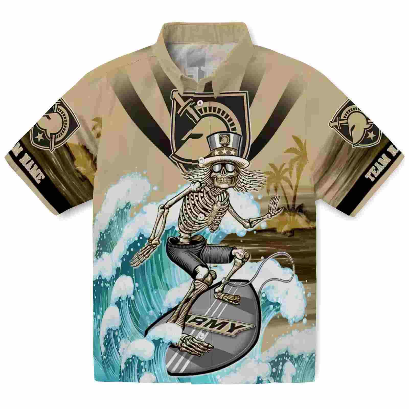 Custom Army Black Knights Surfing Skeleton Gold Blue Hawaiian Shirt