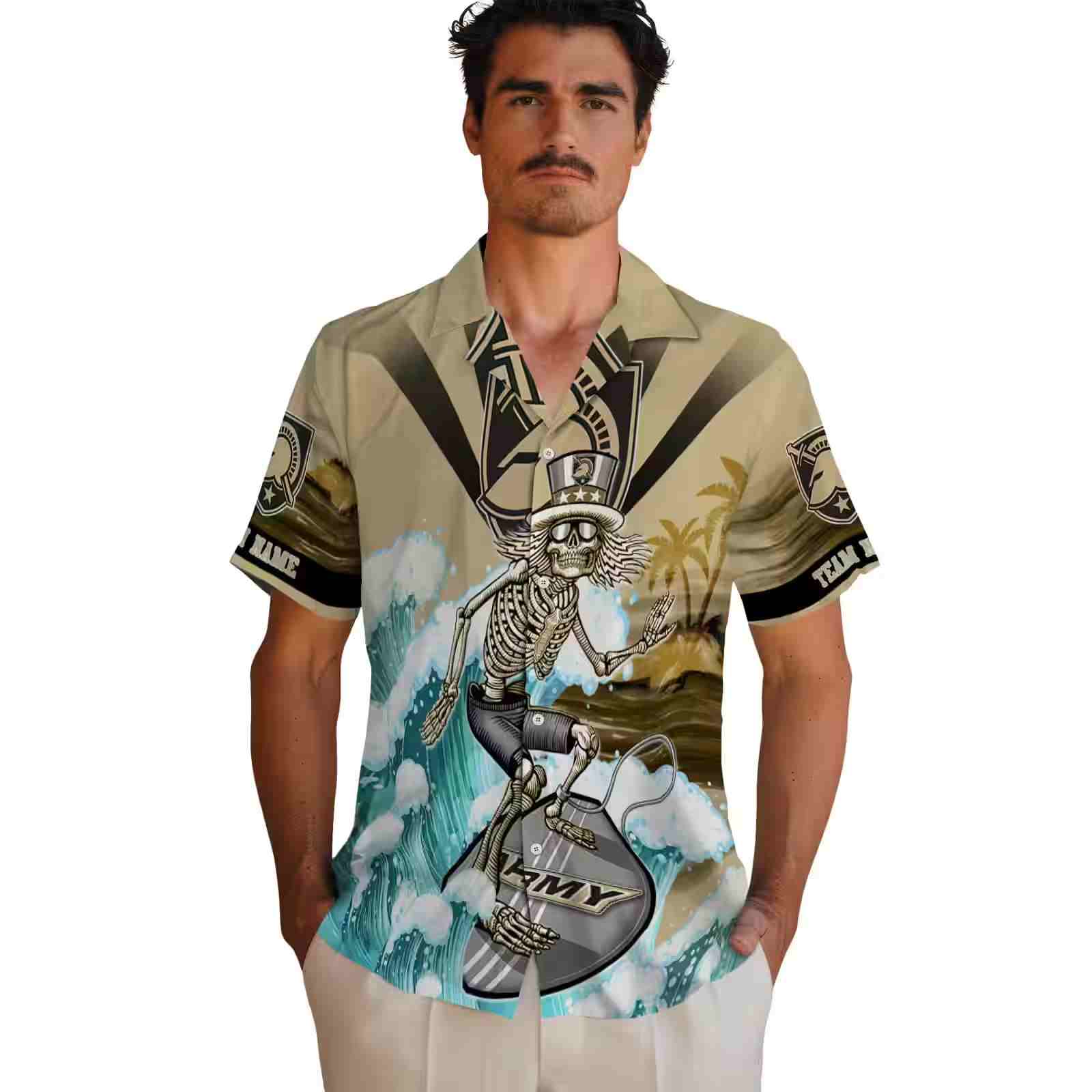 custom army black knights surfing skeleton gold blue hawaiian shirt fashion forward