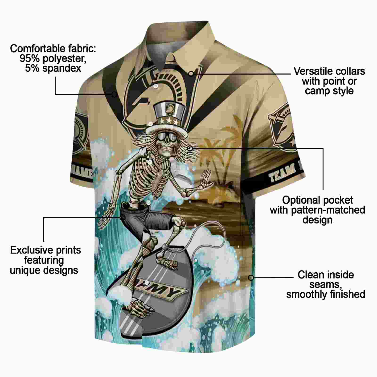 custom army black knights surfing skeleton gold blue hawaiian shirt new arrival