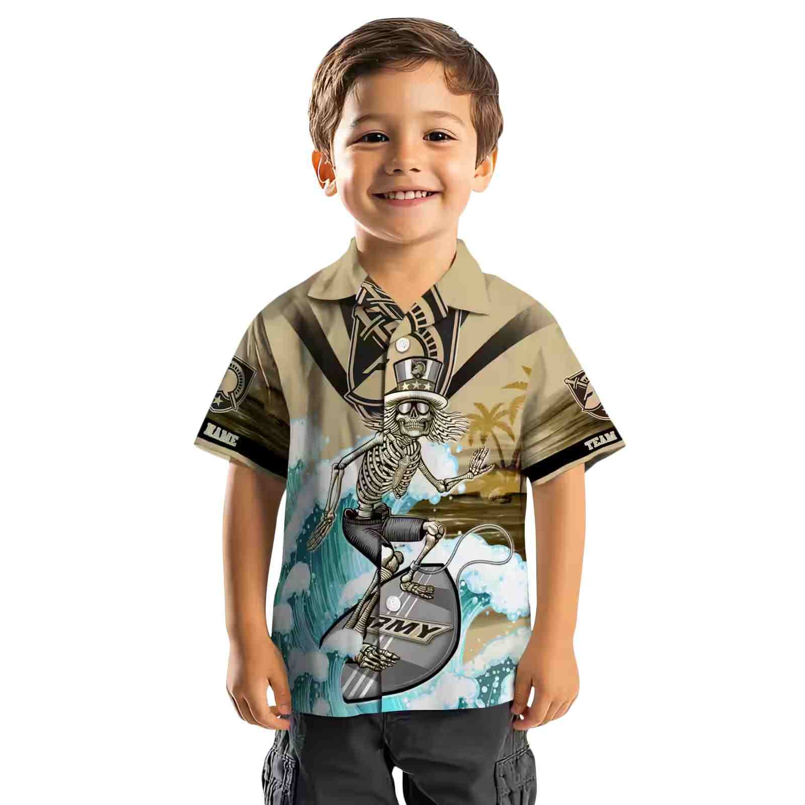 custom army black knights surfing skeleton gold blue hawaiian shirt top rated