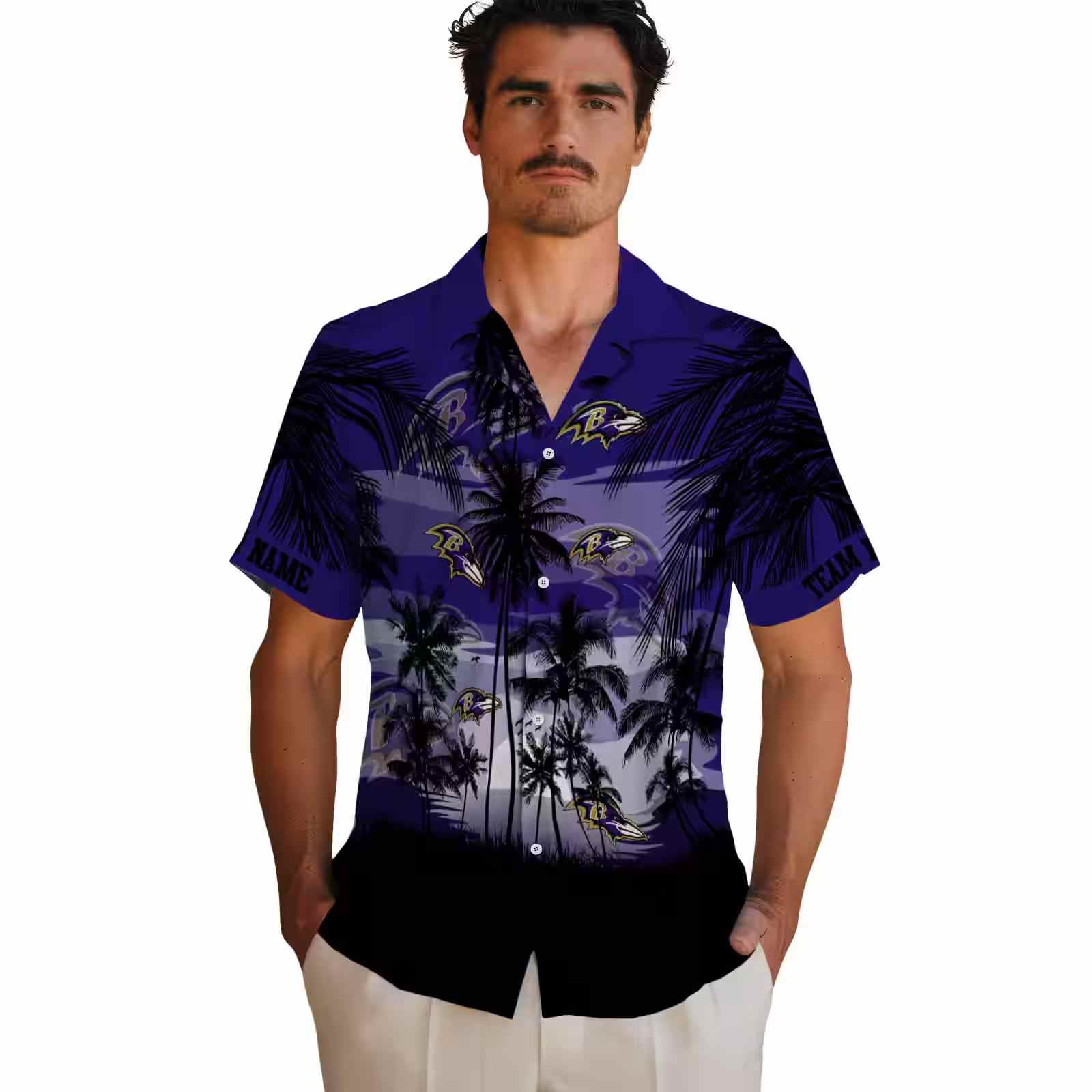 custom baltimore ravens sunset scene purple black hawaiian shirt fashion forward