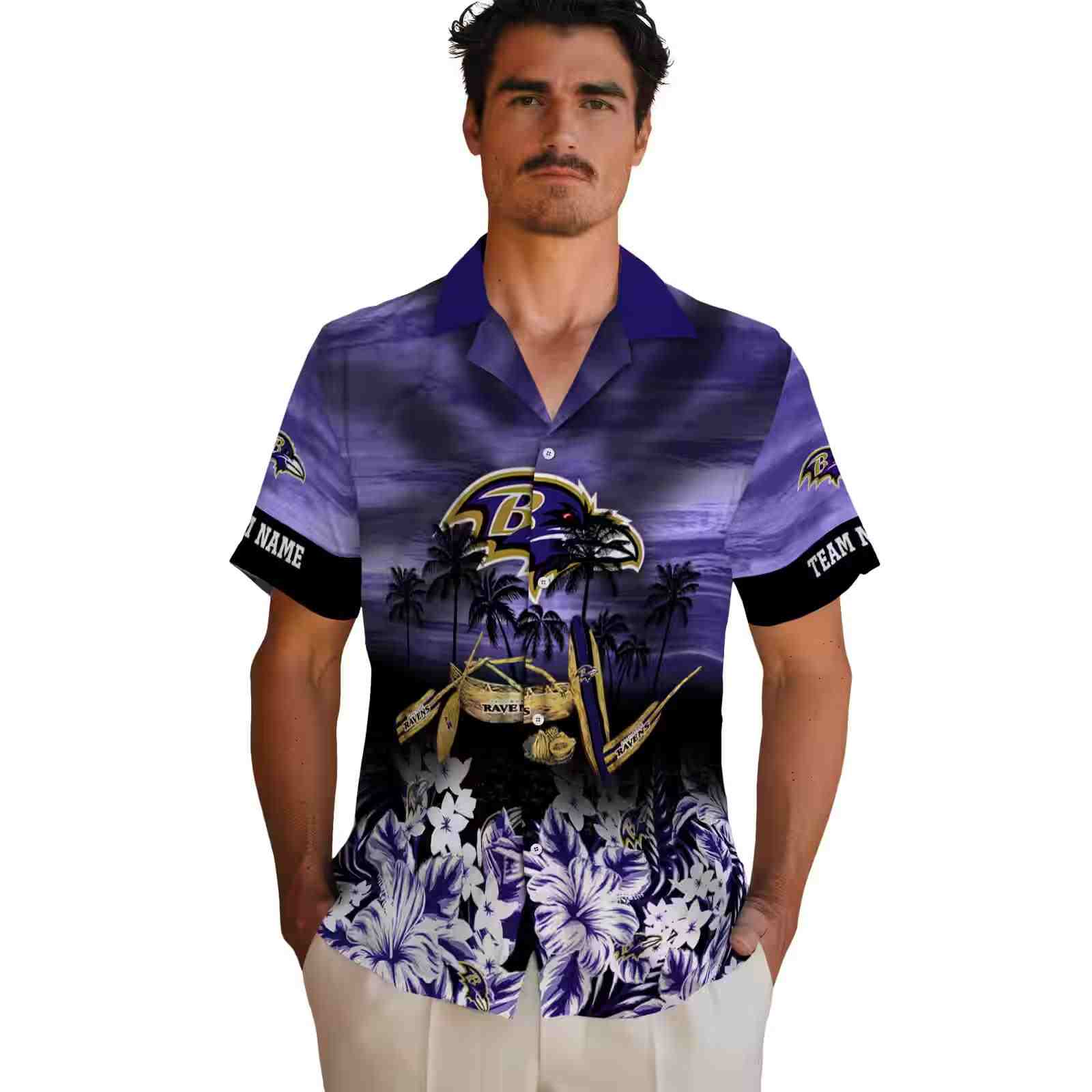 custom baltimore ravens tropical canoe purple hawaiian shirt fashion forward