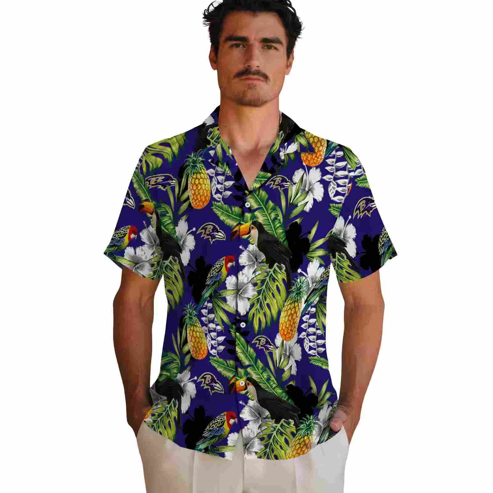 custom baltimore ravens tropical toucan purple green hawaiian shirt fashion forward