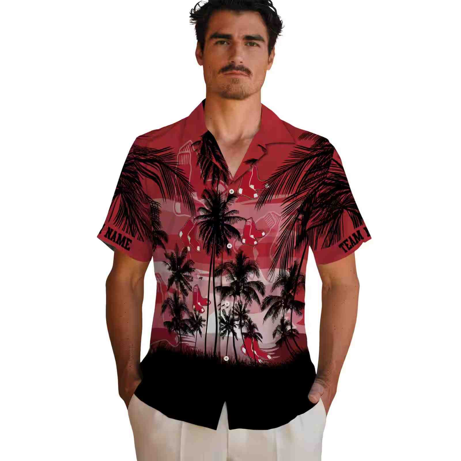 custom boston red sox sunset scene red black hawaiian shirt fashion forward