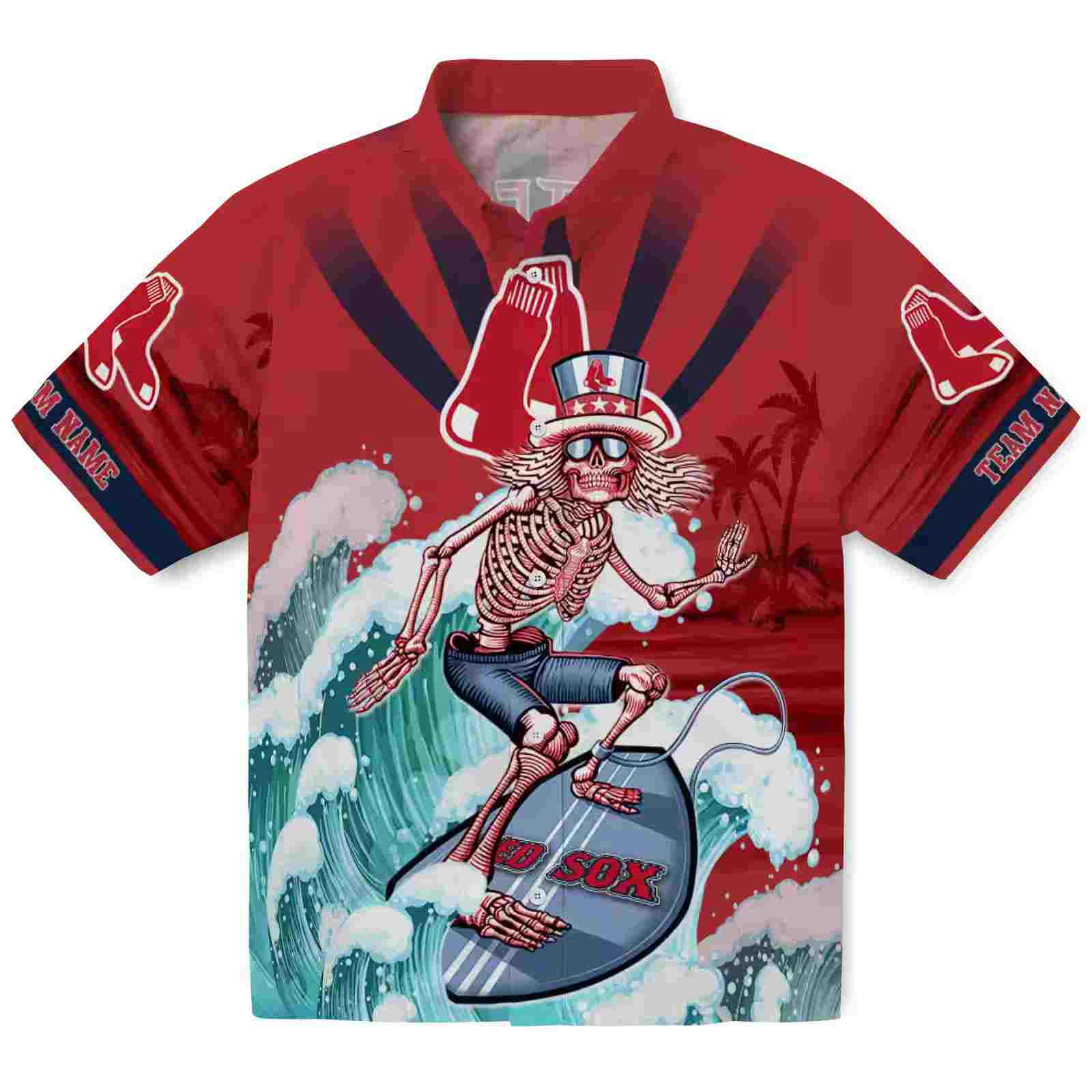 Custom Boston Red Sox Surfing Skeleton Red Blue Hawaiian Shirt