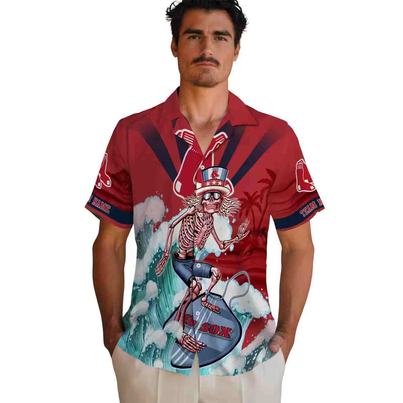 custom boston red sox surfing skeleton red blue hawaiian shirt fashion forward