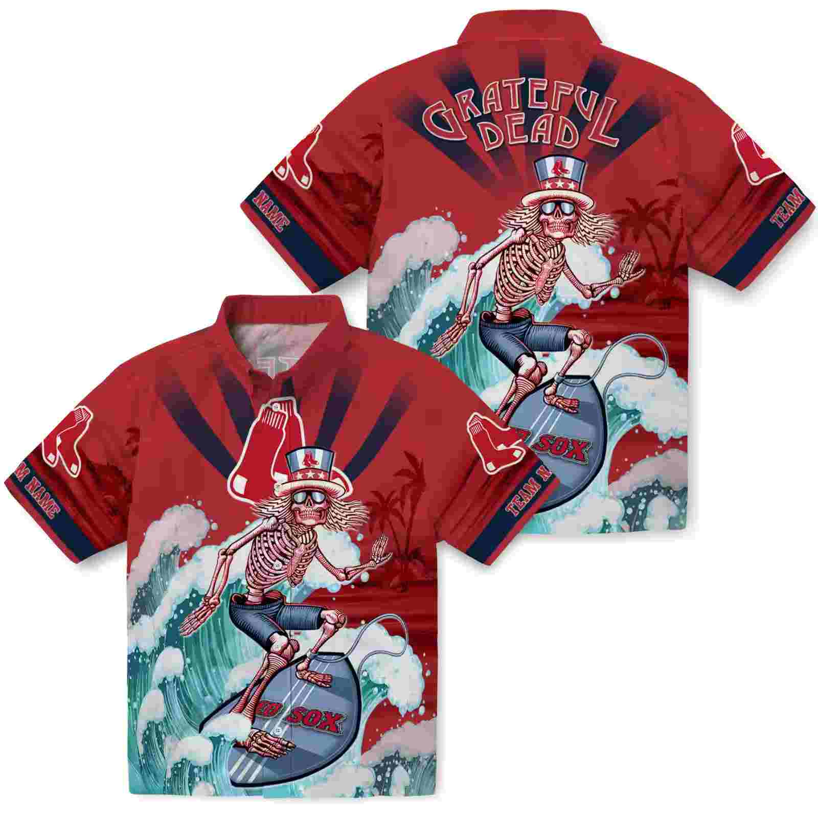 custom boston red sox surfing skeleton red blue hawaiian shirt high quality