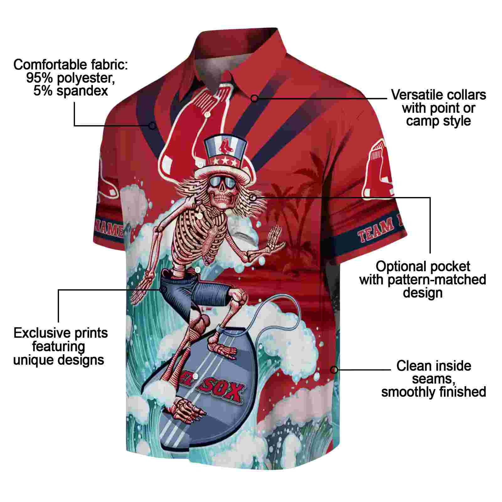 custom boston red sox surfing skeleton red blue hawaiian shirt new arrival