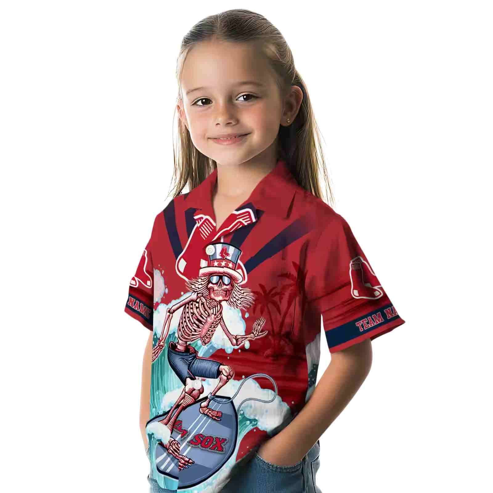 custom boston red sox surfing skeleton red blue hawaiian shirt premium grade