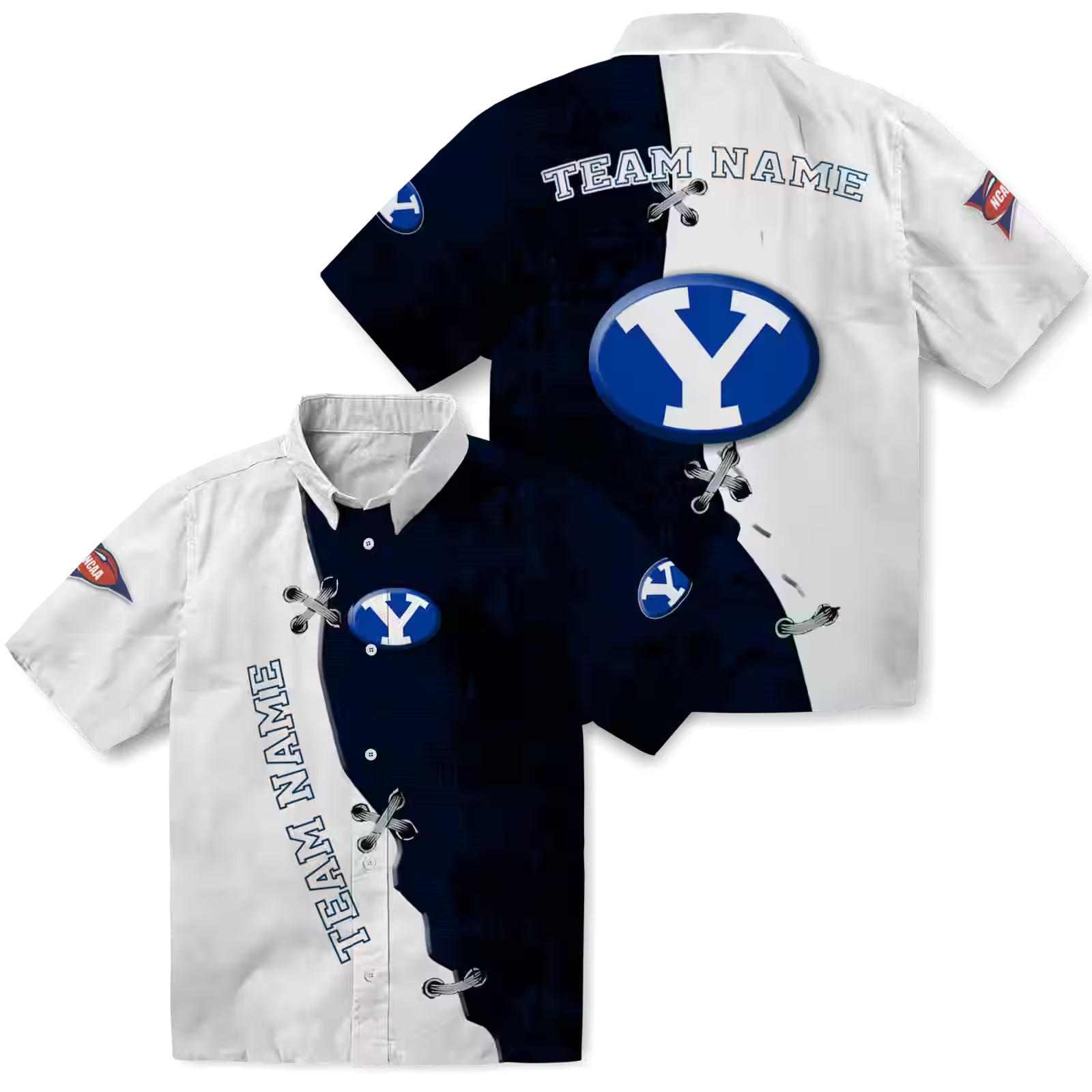 custom byu cougars edgy streaks blue white hawaiian shirt high quality