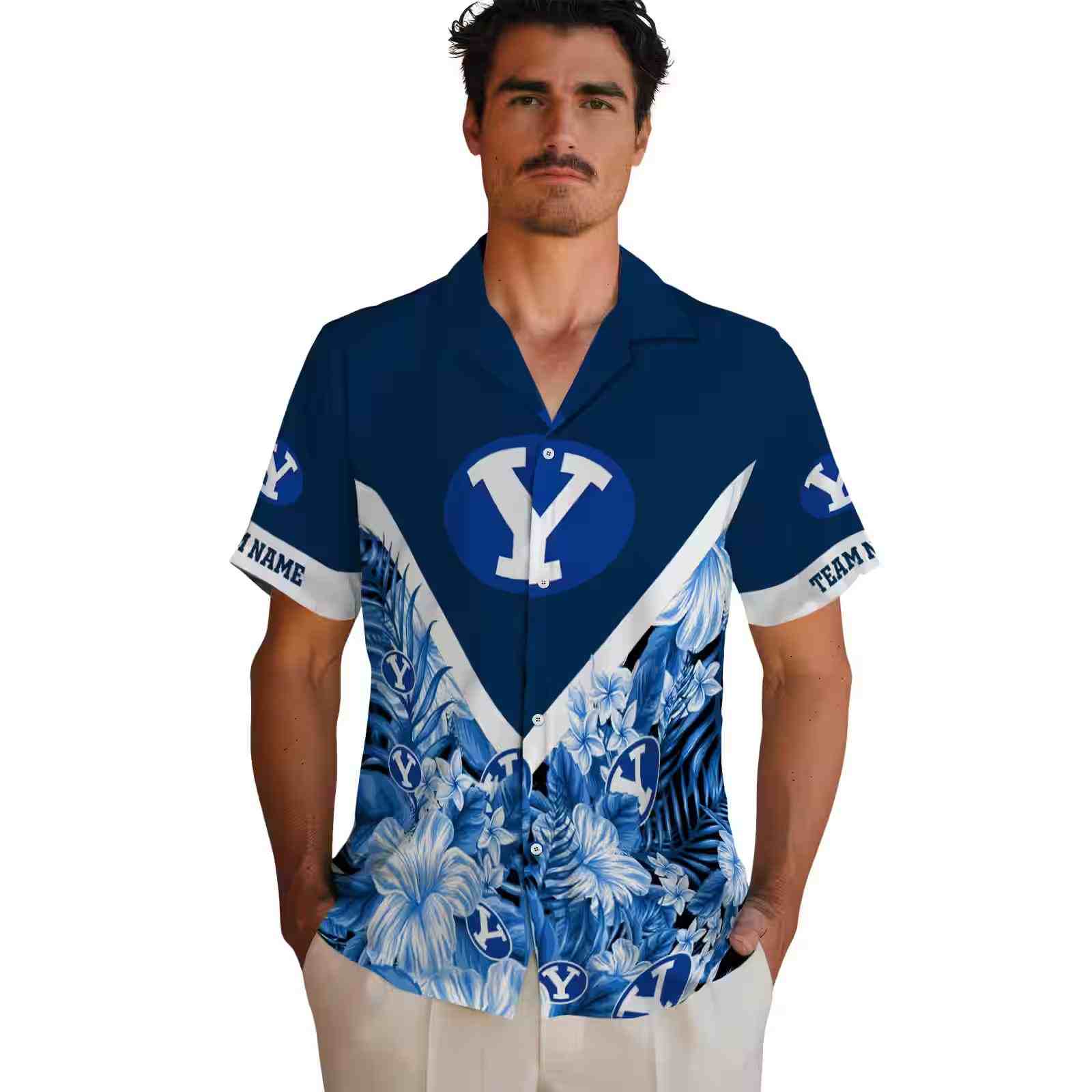 custom byu cougars floral chevron blue hawaiian shirt fashion forward