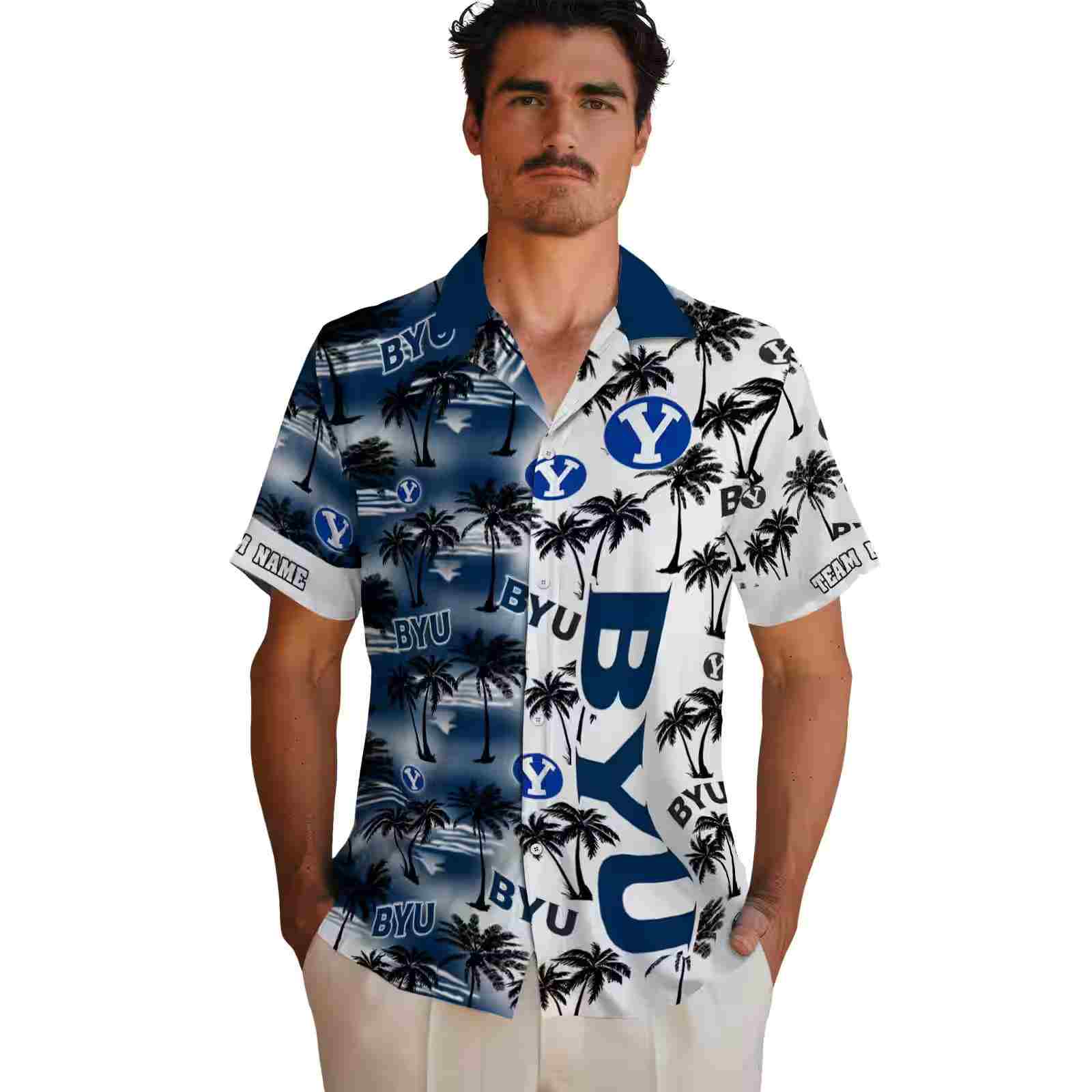 custom byu cougars palm silhouettes blue hawaiian shirt fashion forward