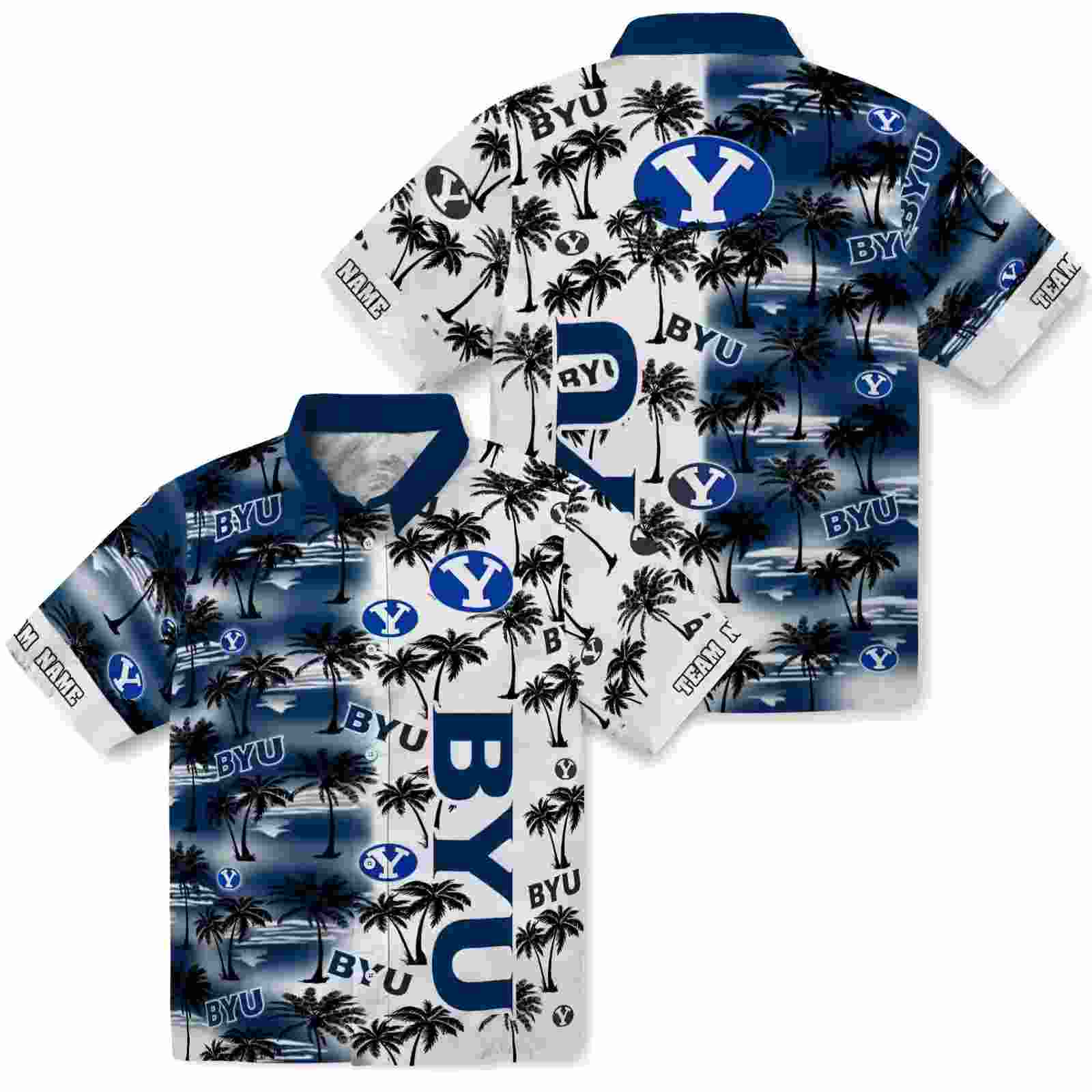 custom byu cougars palm silhouettes blue hawaiian shirt high quality