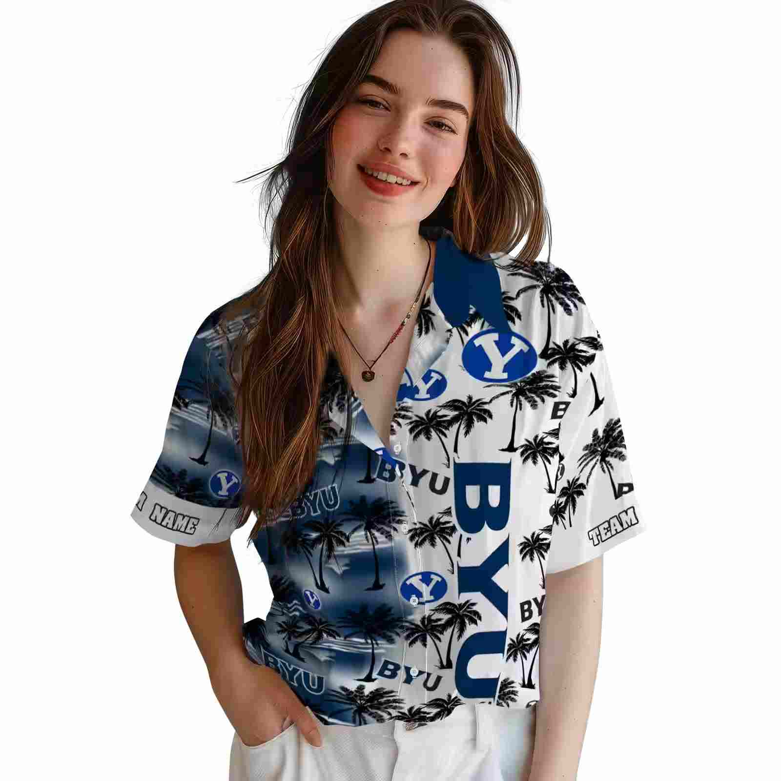 custom byu cougars palm silhouettes blue hawaiian shirt latest model