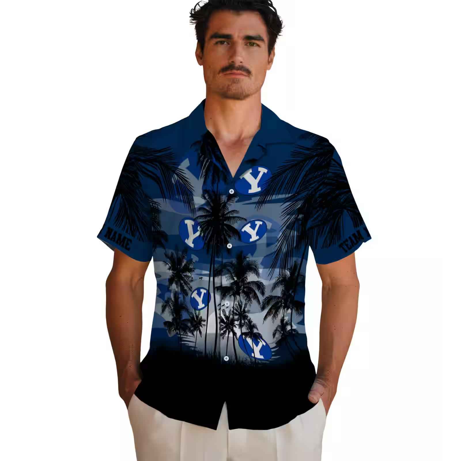 custom byu cougars sunset scene blue black hawaiian shirt fashion forward