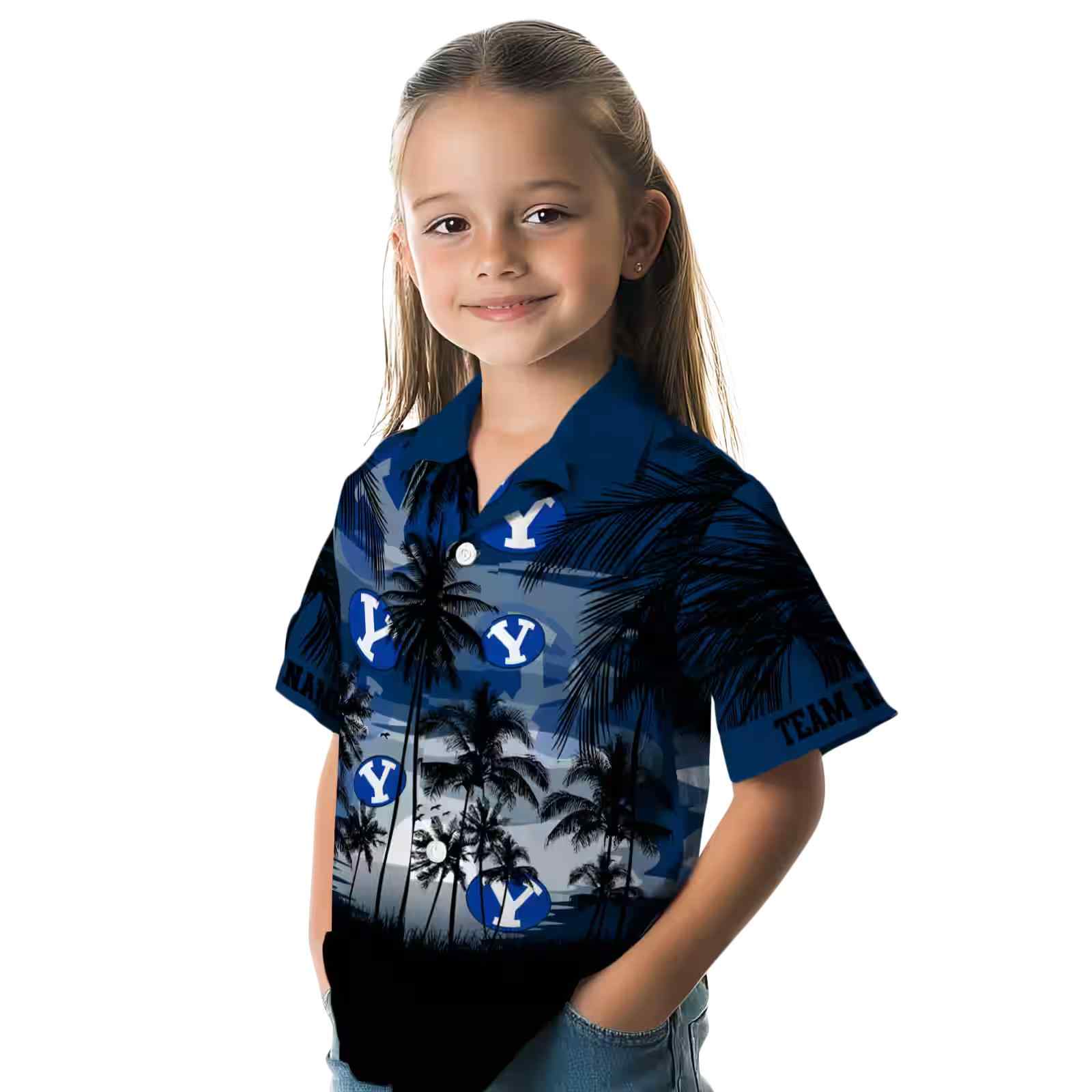 custom byu cougars sunset scene blue black hawaiian shirt premium grade