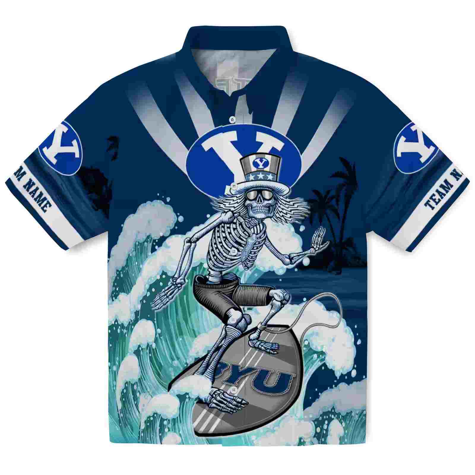 Custom BYU Cougars Surfing Skeleton Blue Hawaiian Shirt