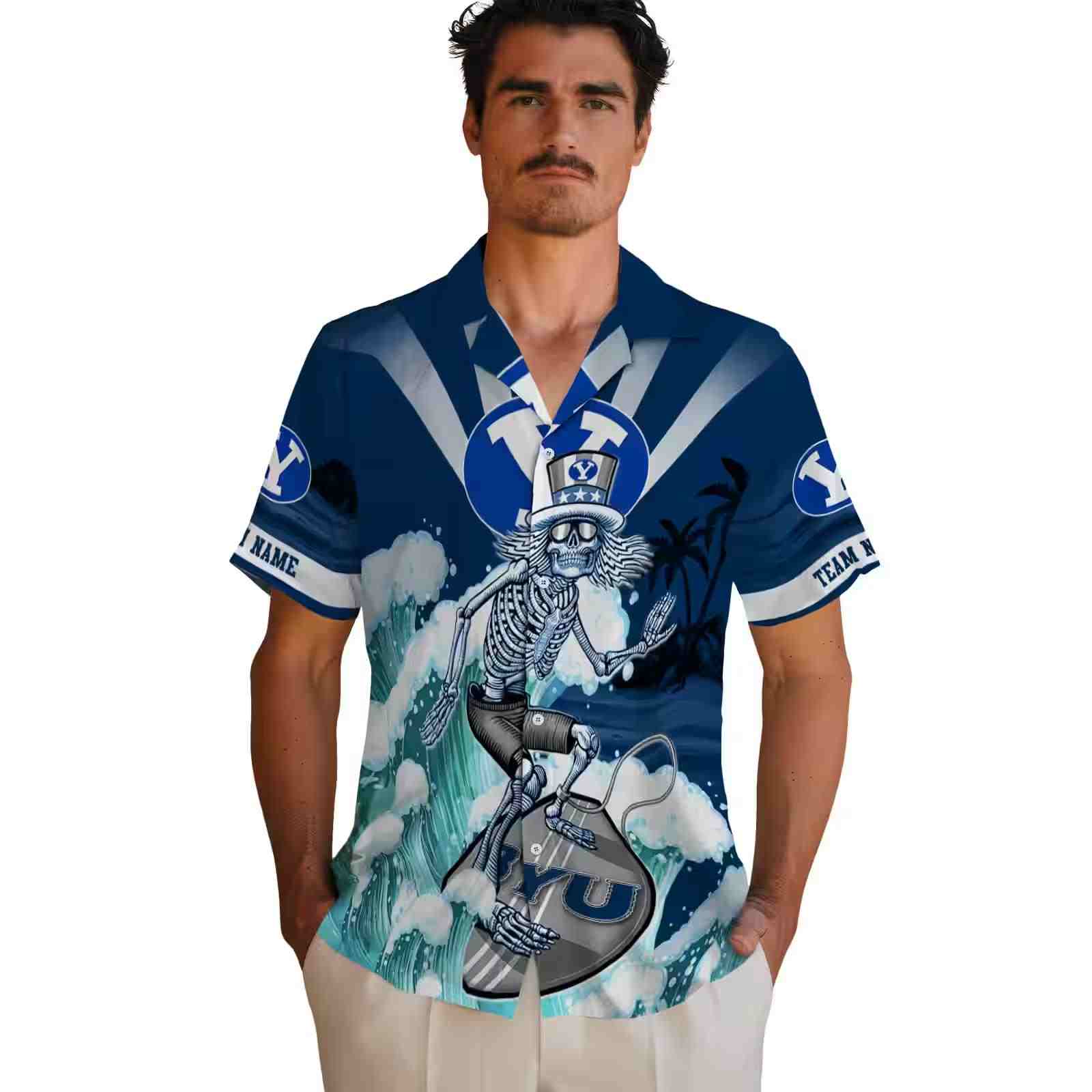 custom byu cougars surfing skeleton blue hawaiian shirt fashion forward