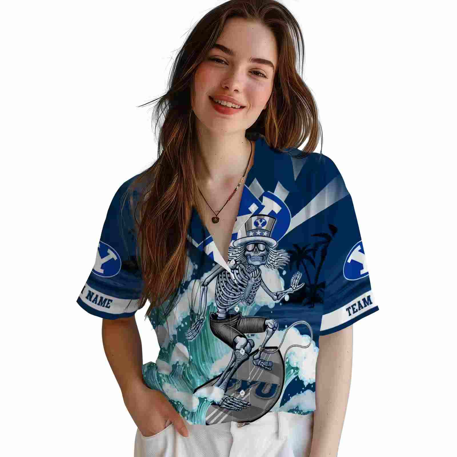 custom byu cougars surfing skeleton blue hawaiian shirt latest model