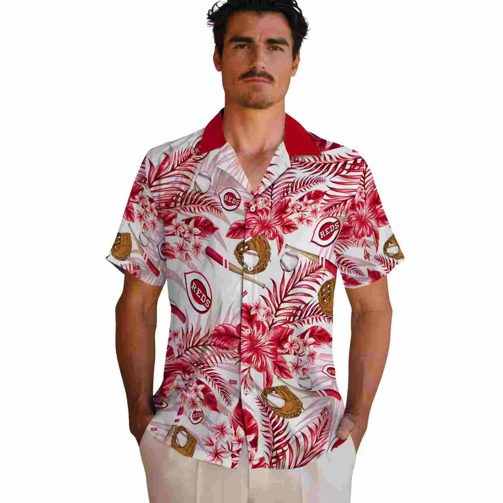 custom cincinnati reds floral baseball red white hawaiian shirt fashion forward