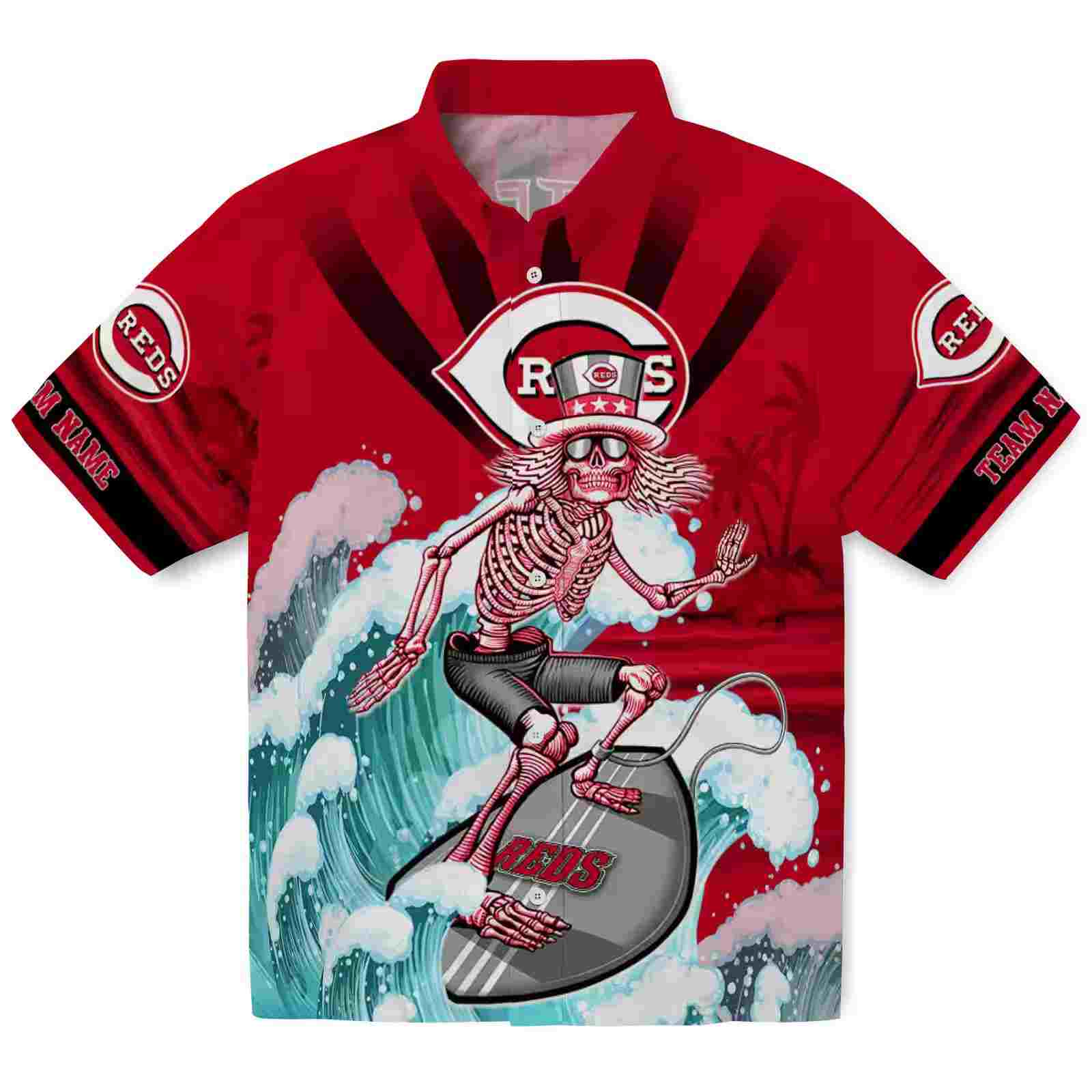 Custom Cincinnati Reds Surfing Skeleton Red Blue Hawaiian Shirt