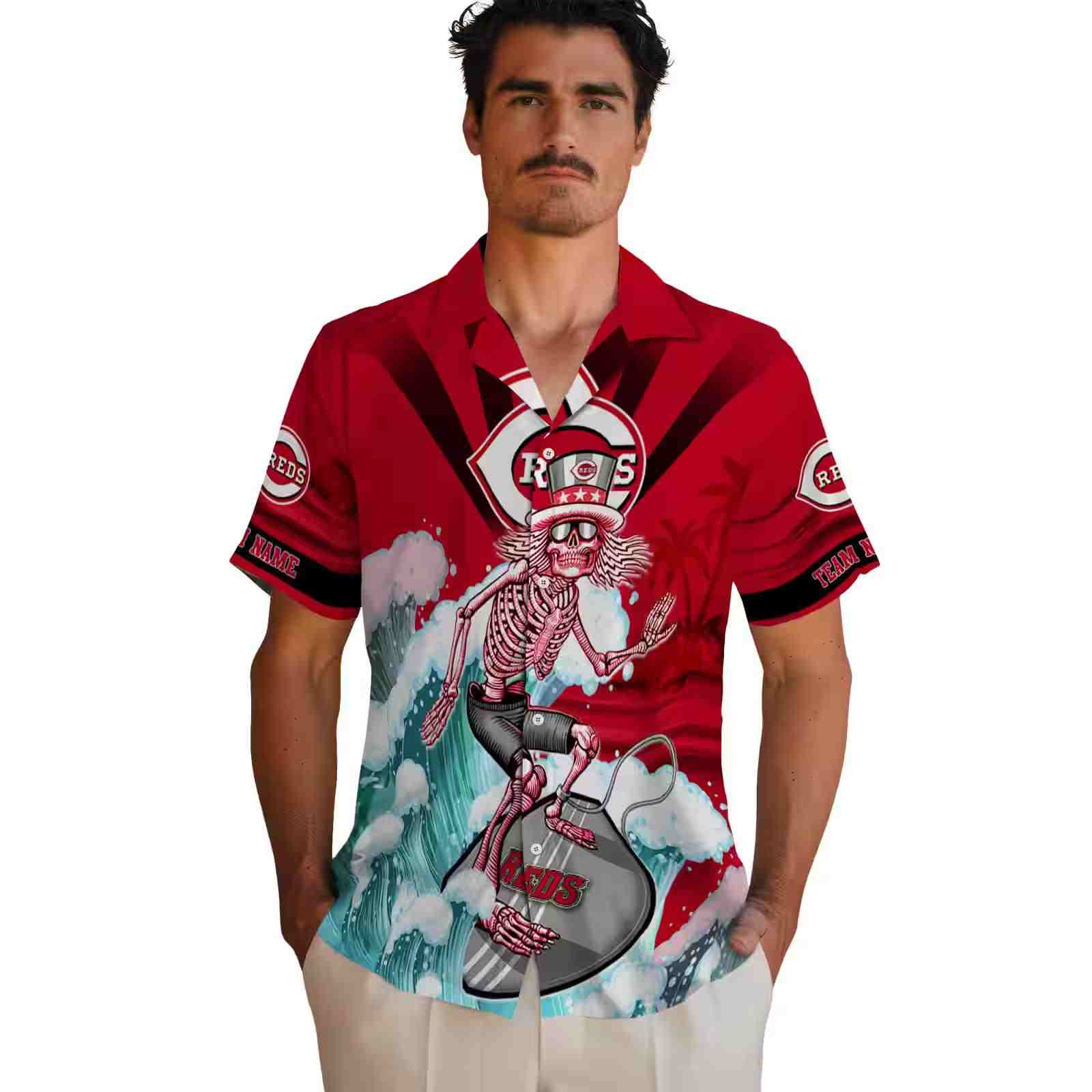 custom cincinnati reds surfing skeleton red blue hawaiian shirt fashion forward