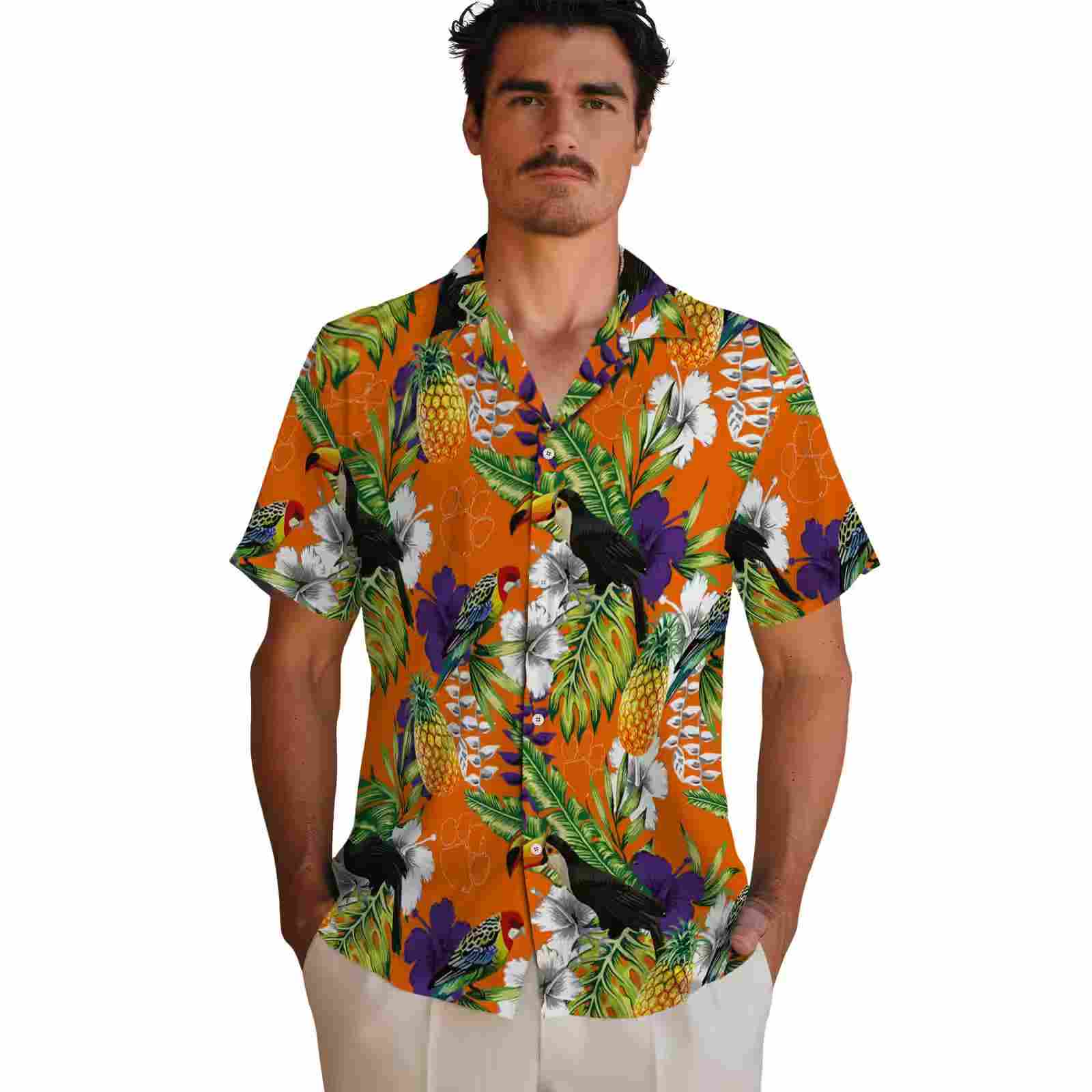 custom clemson tigers tropical toucan orange green hawaiian shirt fashion forward