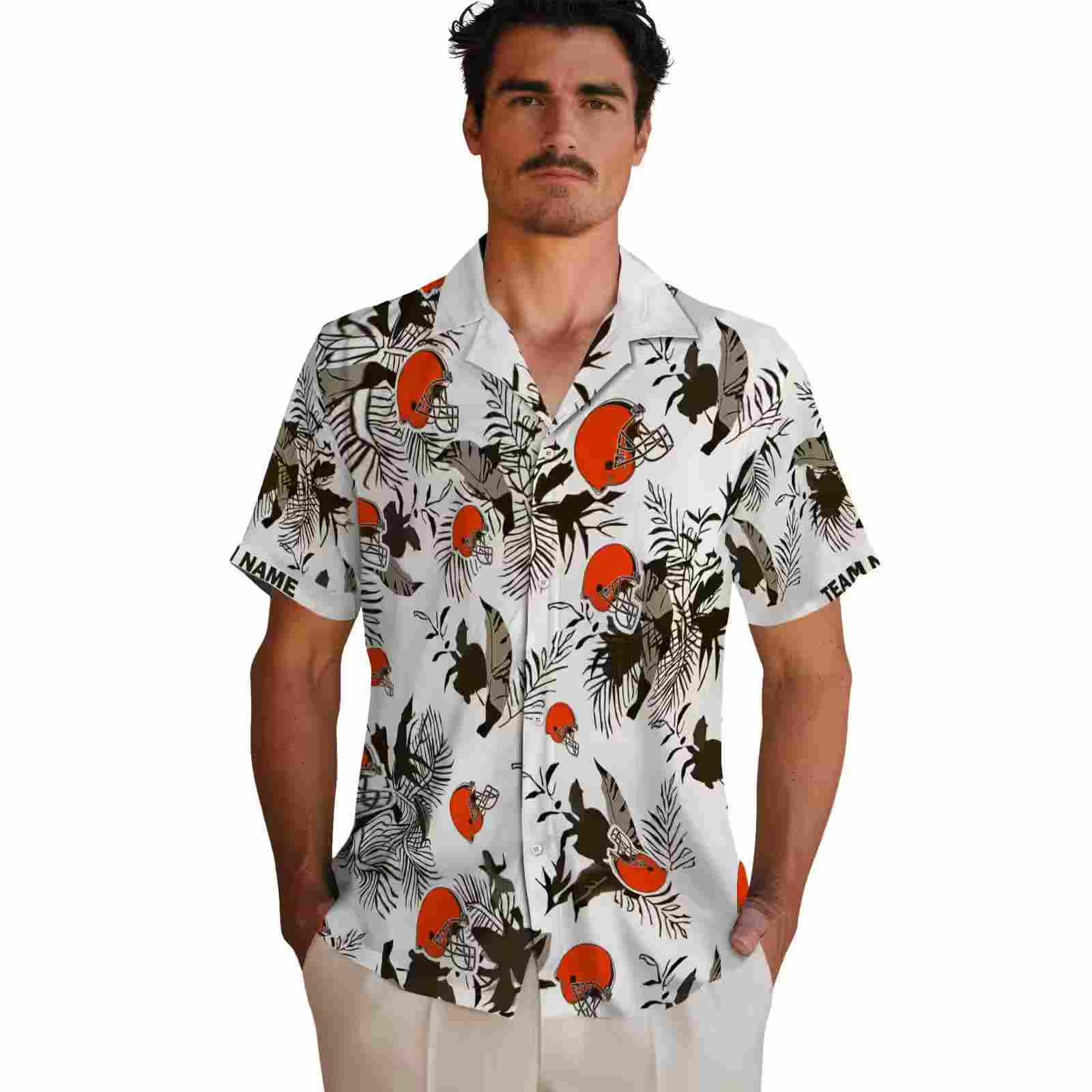 custom cleveland browns botanical theme brown white hawaiian shirt fashion forward