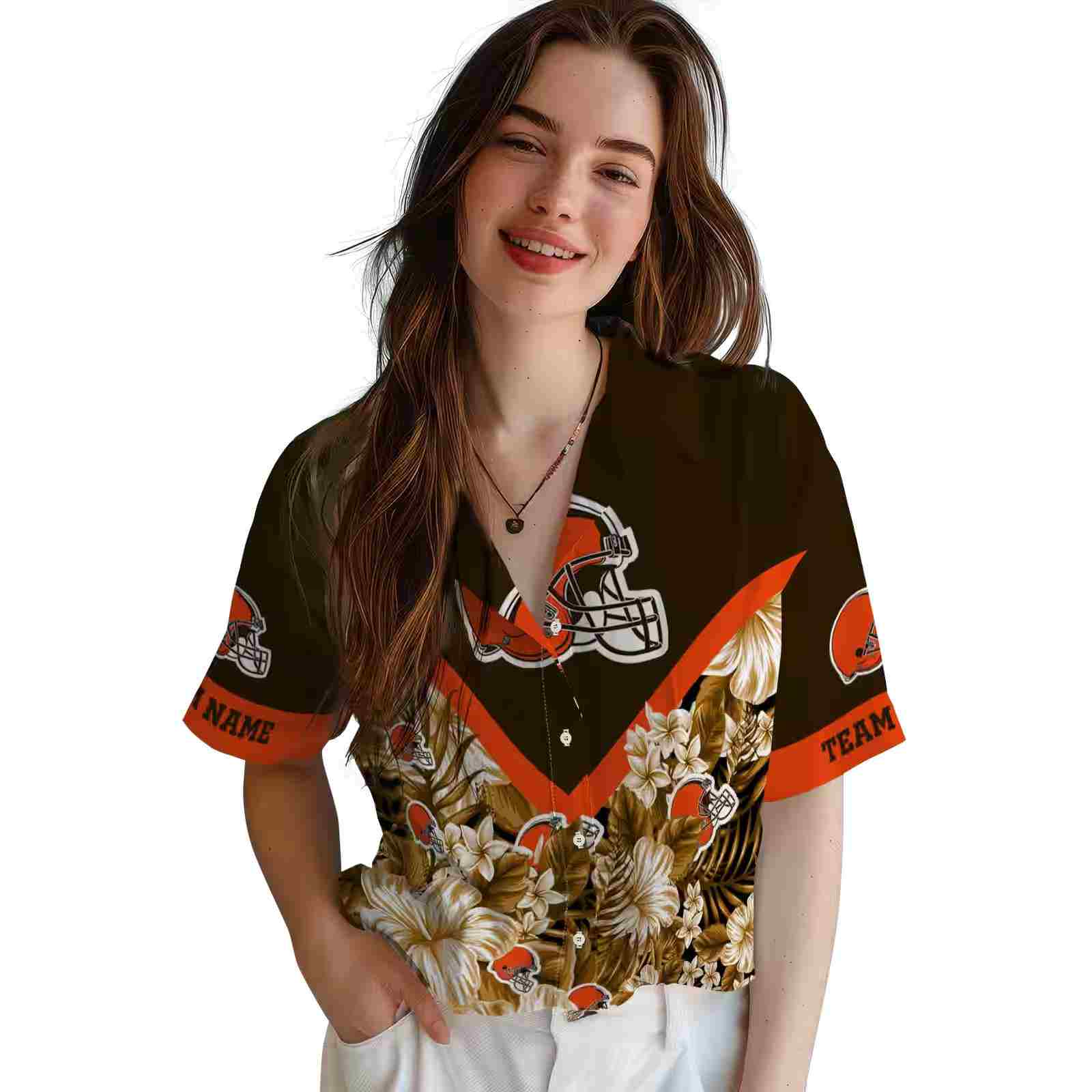 custom cleveland browns floral chevron brown hawaiian shirt latest model