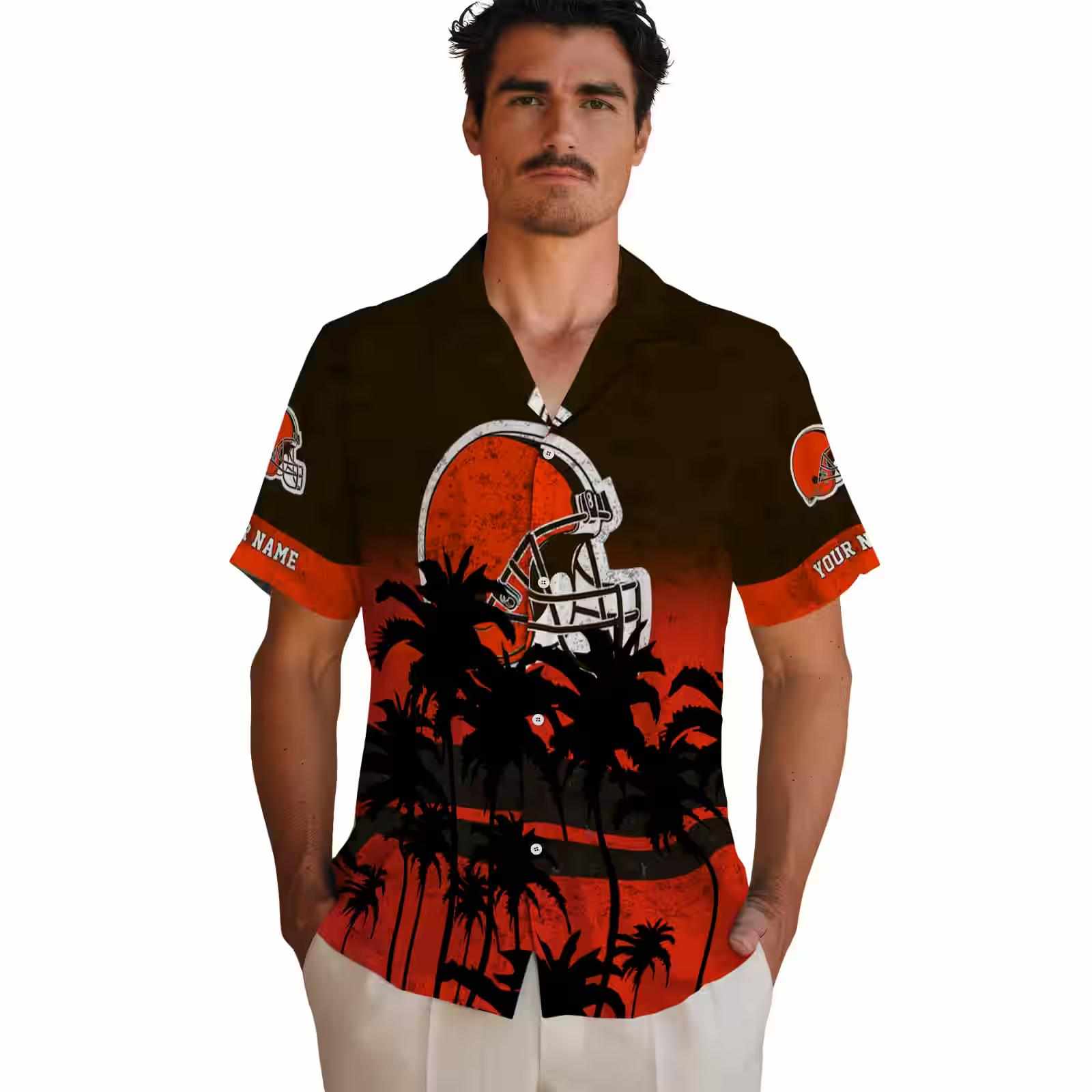 custom cleveland browns sunset pattern brown black hawaiian shirt fashion forward