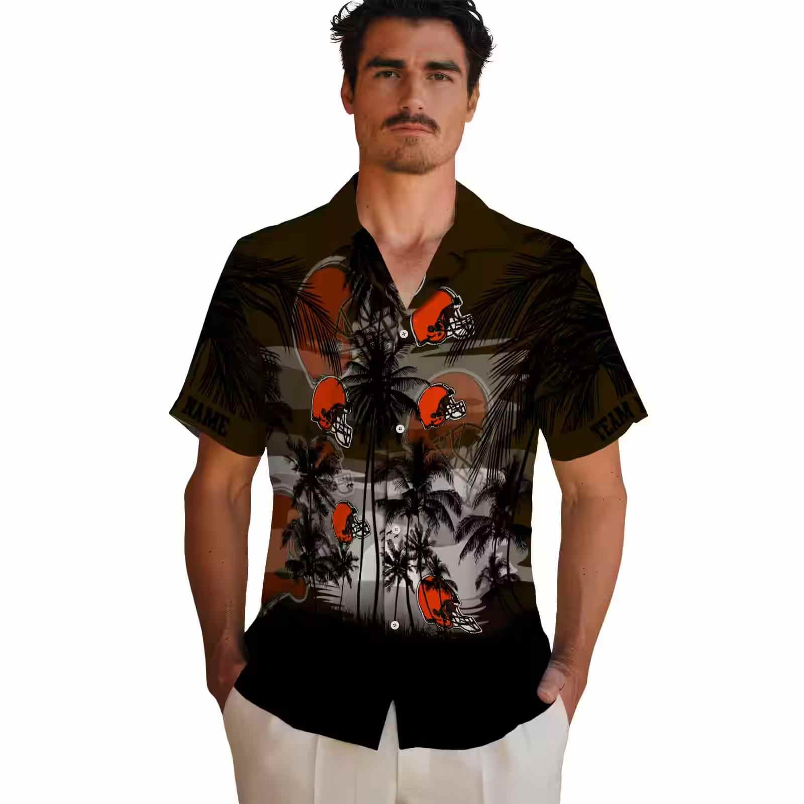 custom cleveland browns sunset scene brown black hawaiian shirt fashion forward