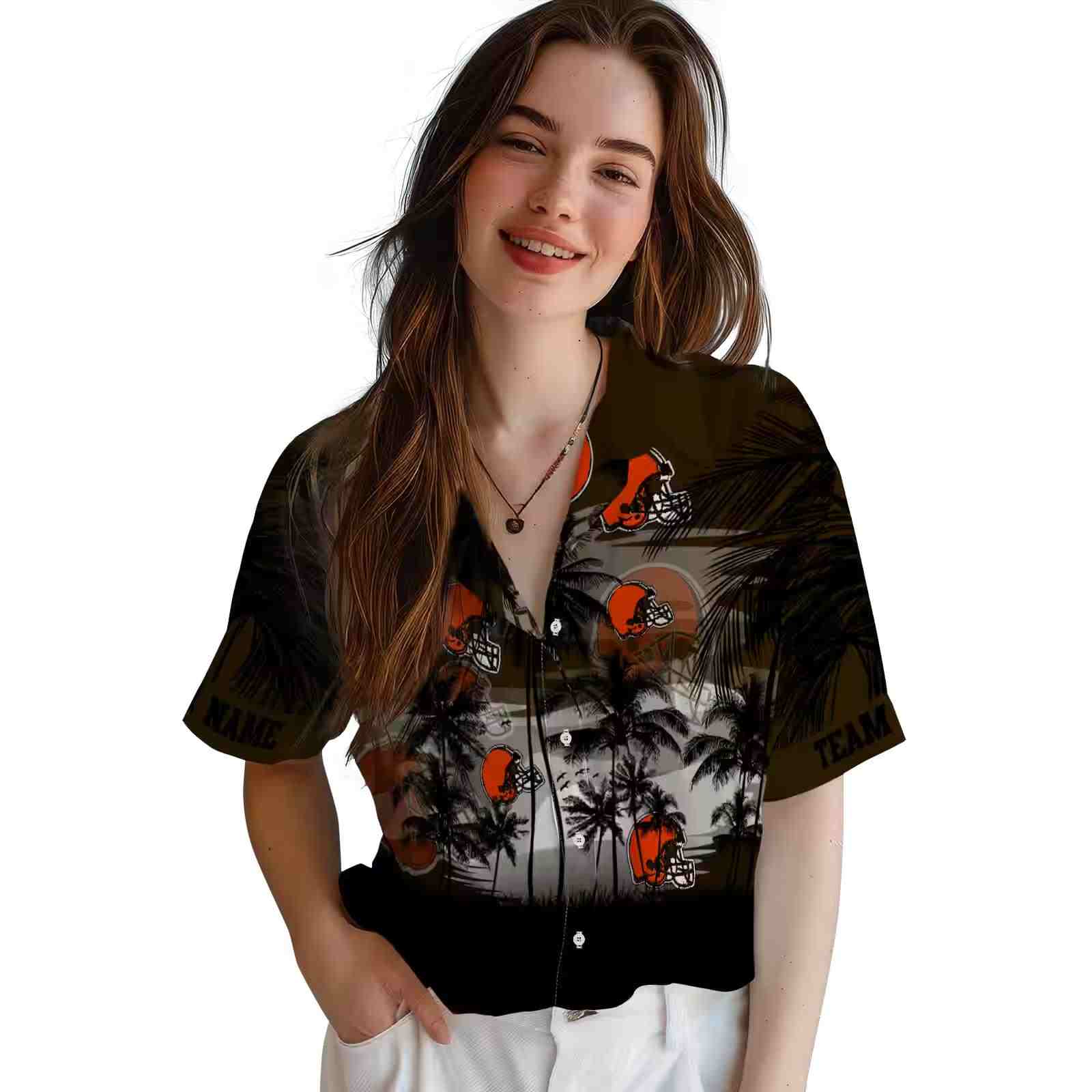 custom cleveland browns sunset scene brown black hawaiian shirt latest model