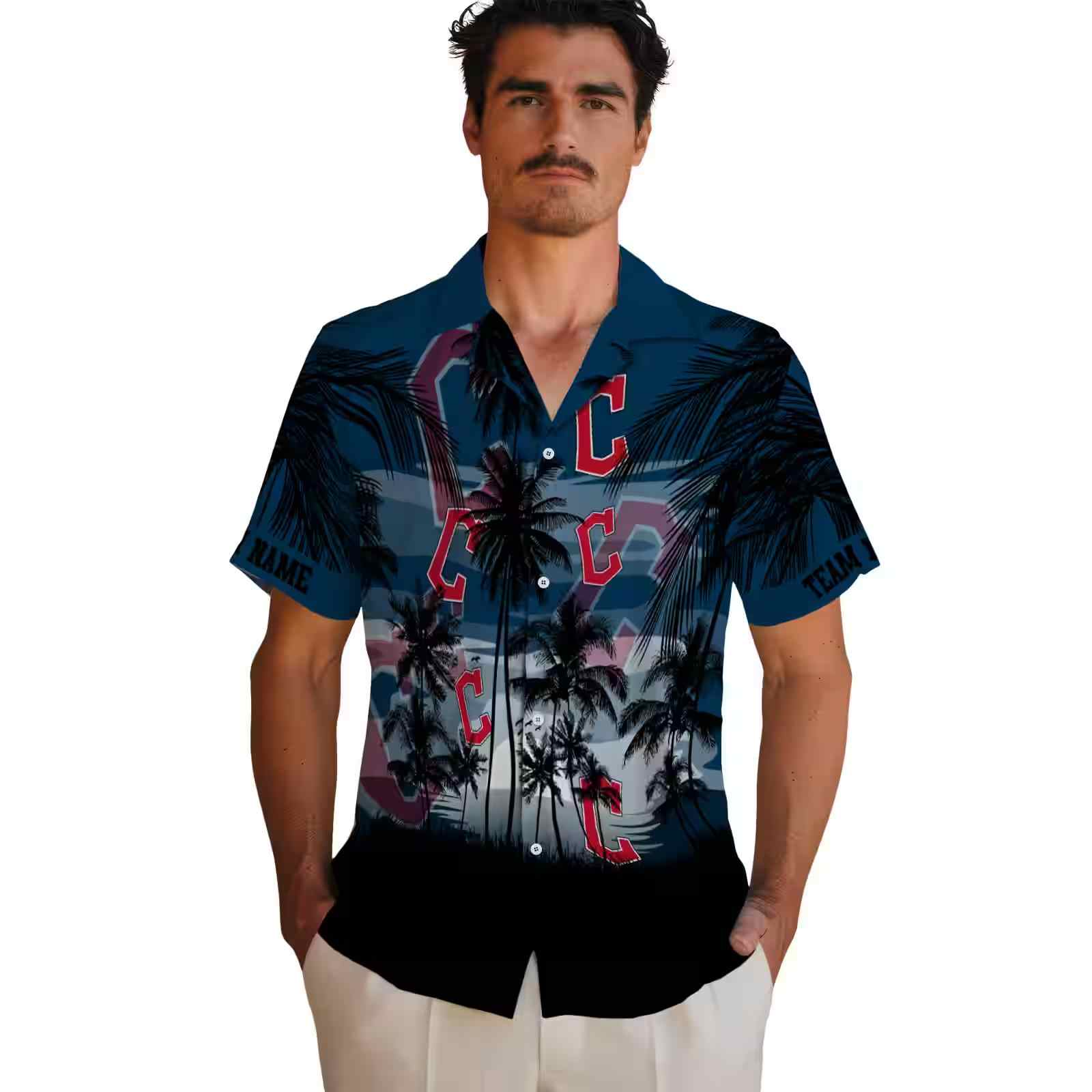 custom cleveland guardians sunset scene navy blue black hawaiian shirt fashion forward