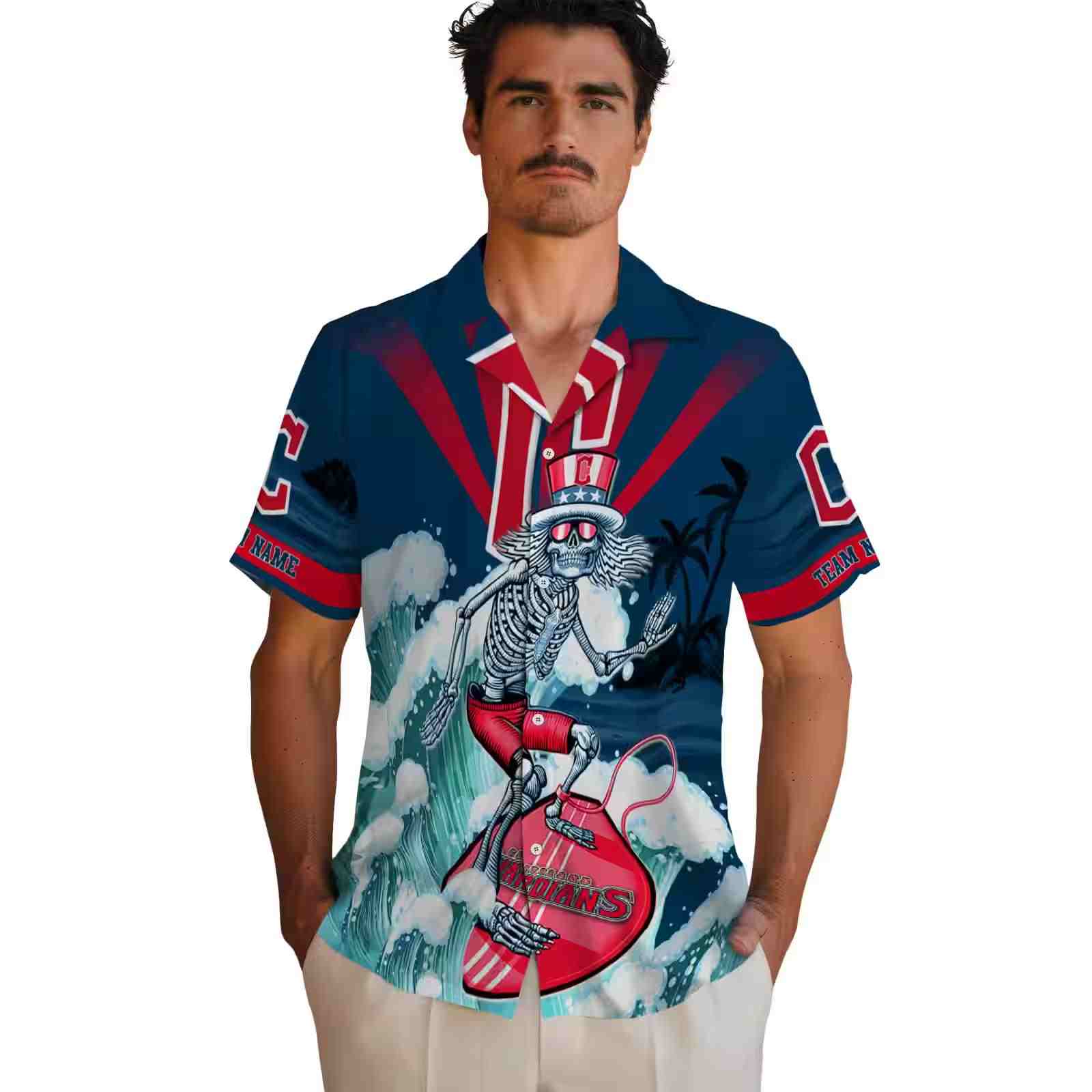 custom cleveland guardians surfing skeleton navy blue hawaiian shirt fashion forward