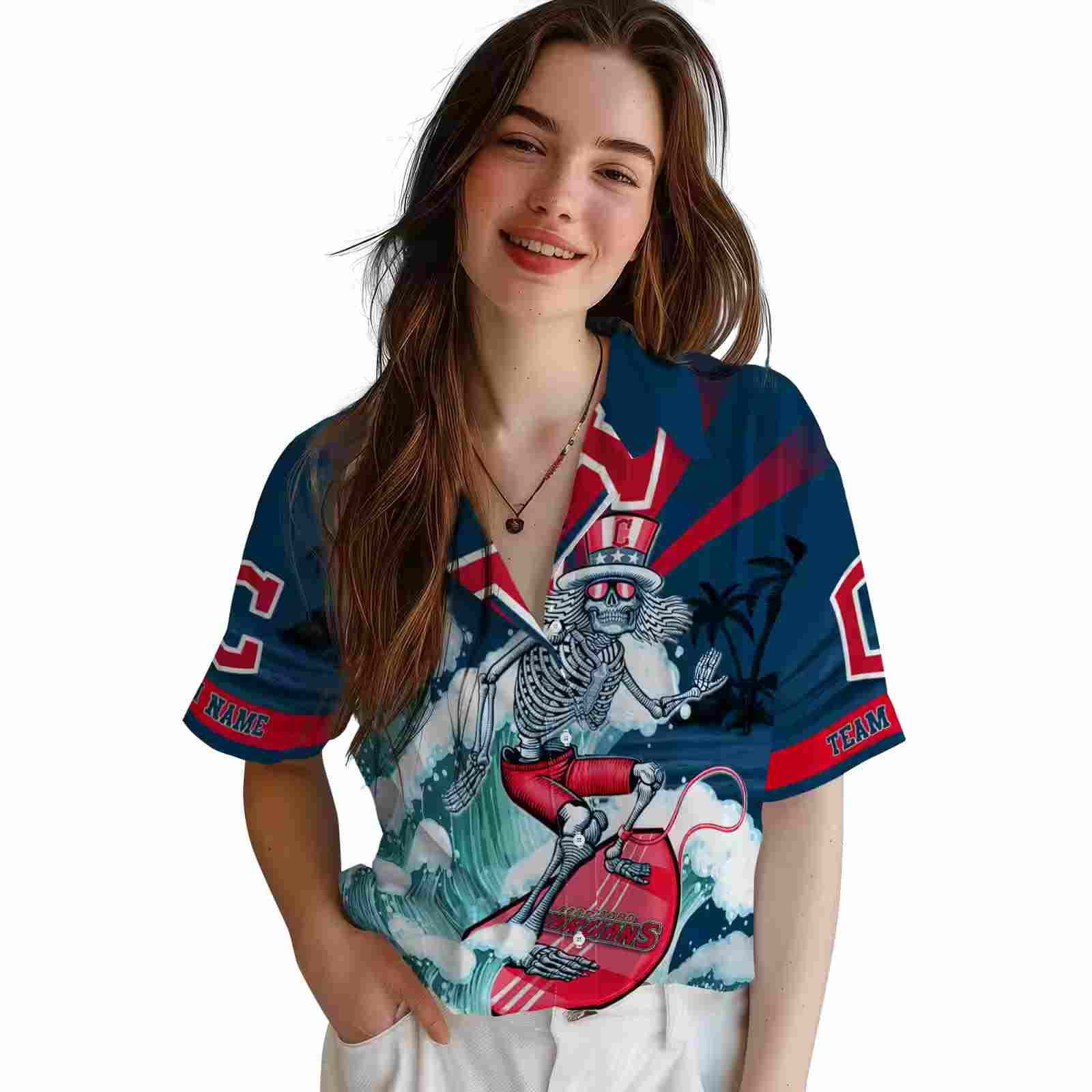 custom cleveland guardians surfing skeleton navy blue hawaiian shirt latest model