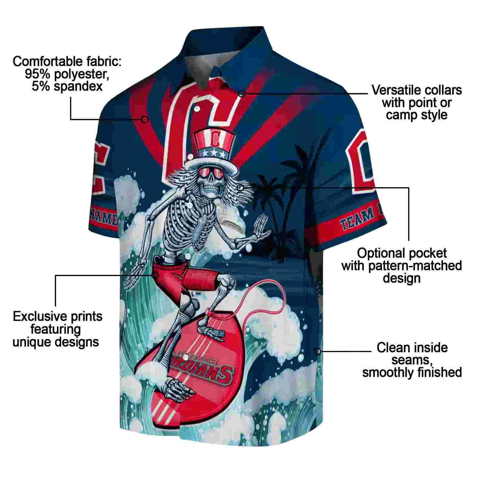 custom cleveland guardians surfing skeleton navy blue hawaiian shirt new arrival