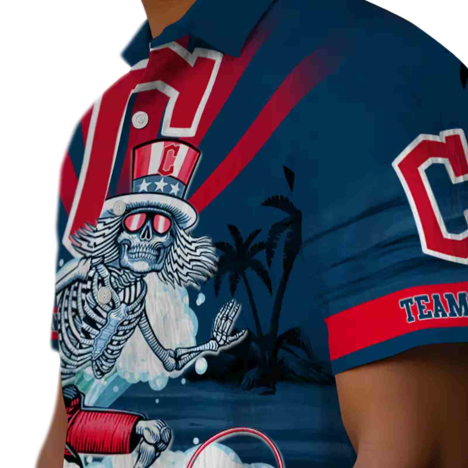 custom cleveland guardians surfing skeleton navy blue hawaiian shirt trendy