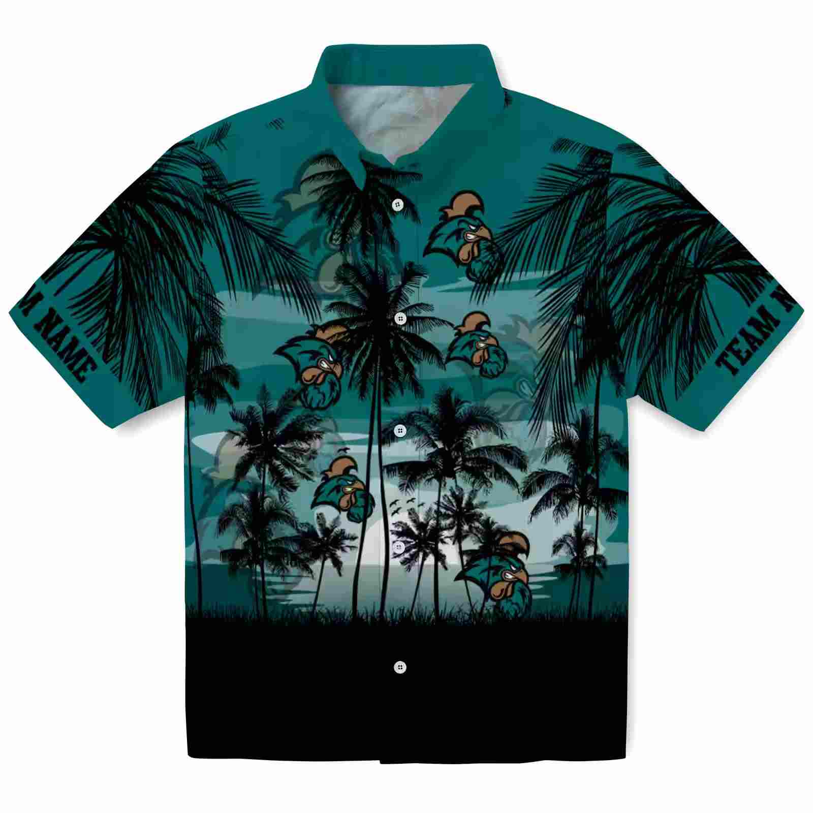 Custom Coastal Carolina Chanticleers Sunset Scene Green Black Hawaiian Shirt