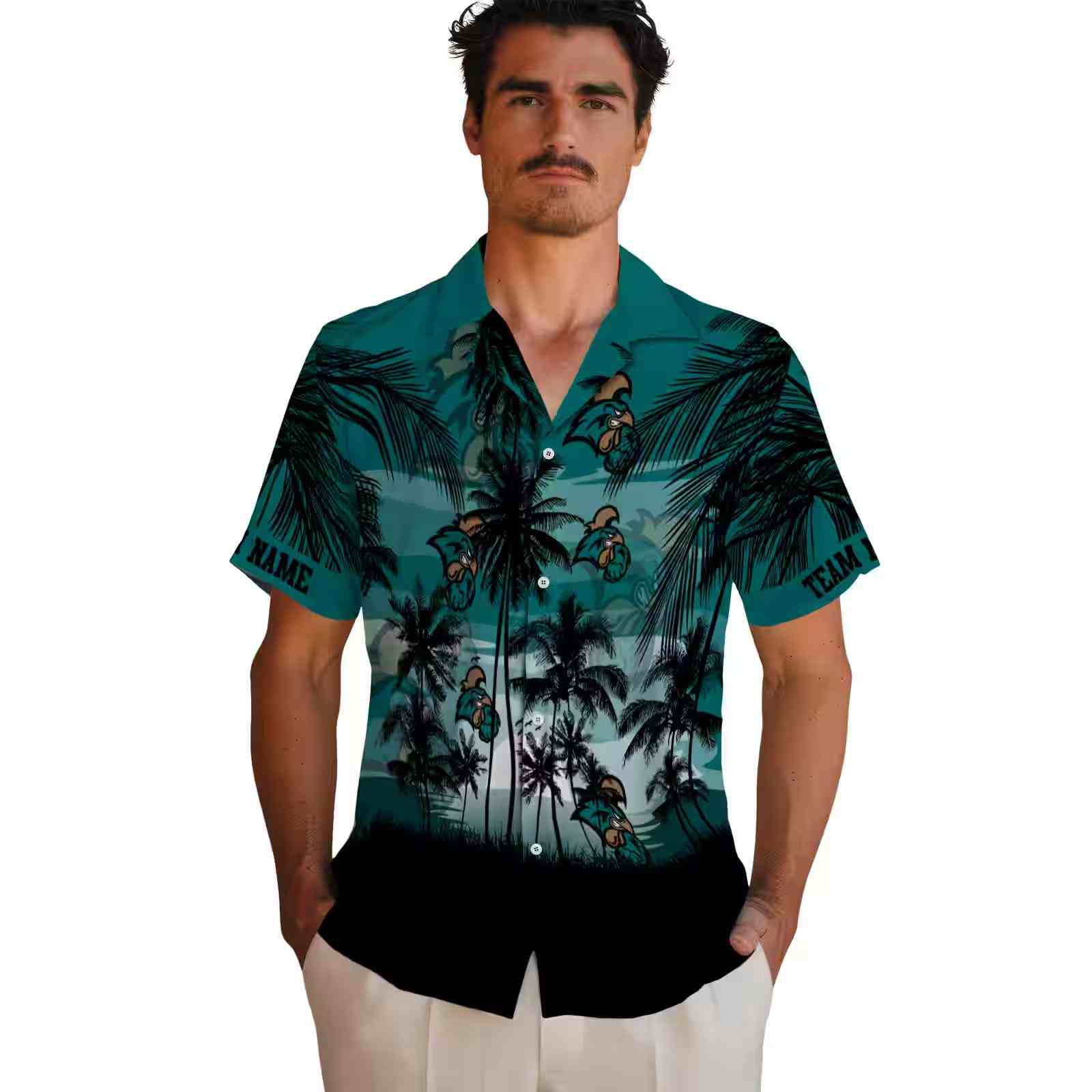 custom coastal carolina chanticleers sunset scene green black hawaiian shirt fashion forward