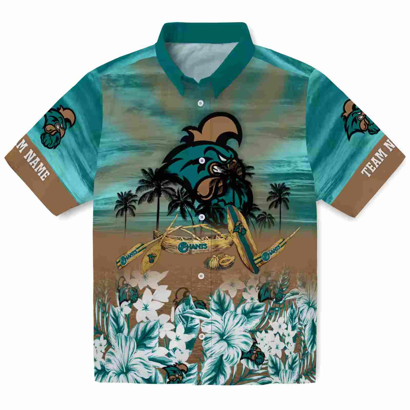 Custom Coastal Carolina Chanticleers Tropical Canoe Green Hawaiian Shirt