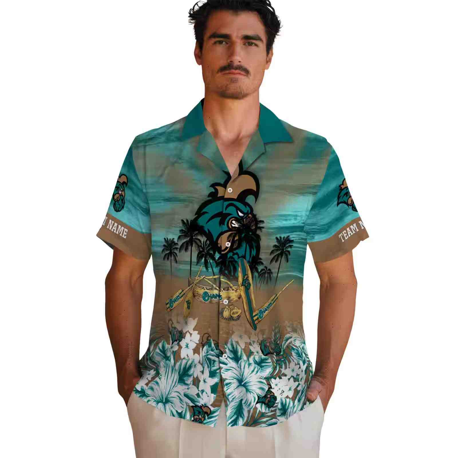 custom coastal carolina chanticleers tropical canoe green hawaiian shirt fashion forward