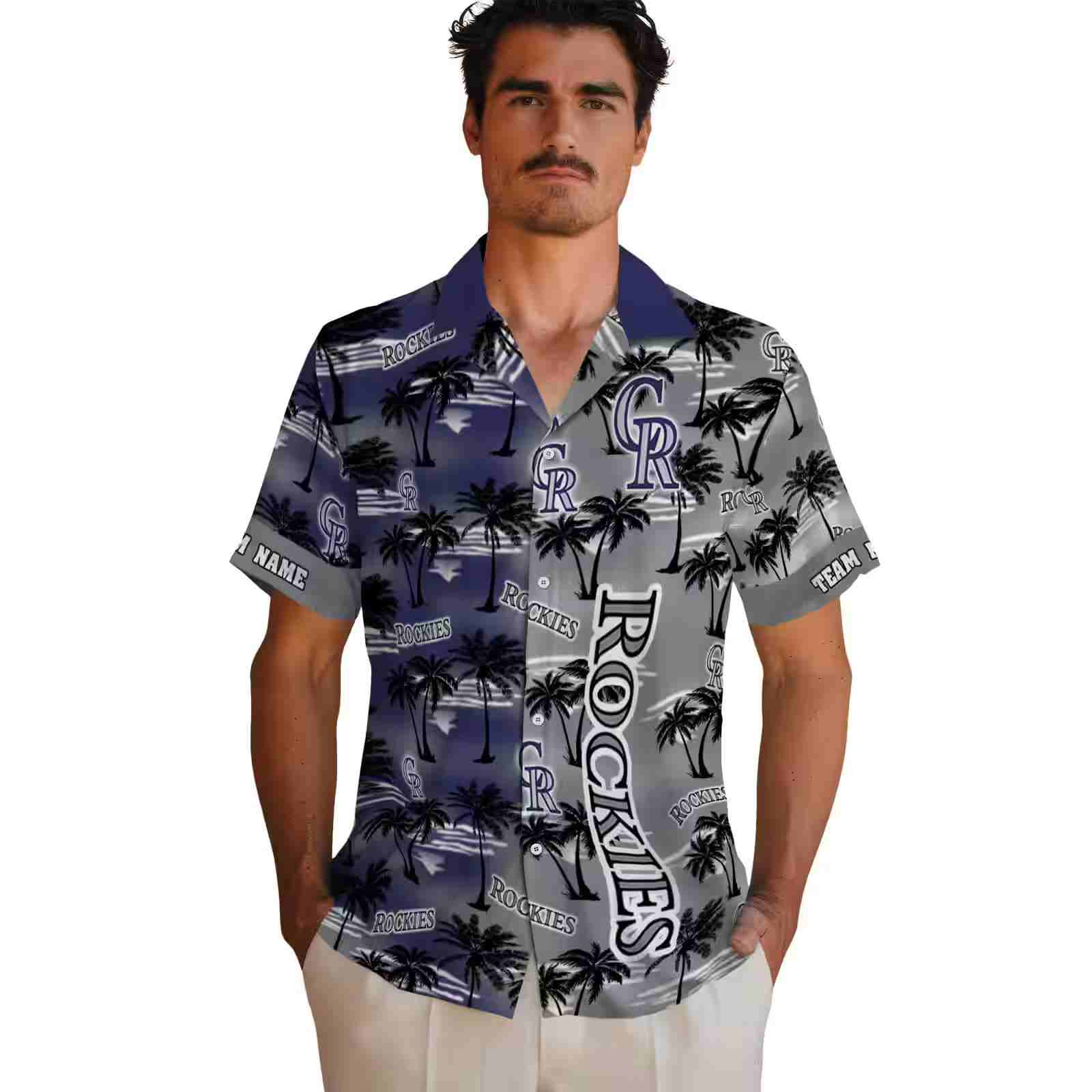 custom colorado rockies palm silhouettes blue hawaiian shirt fashion forward